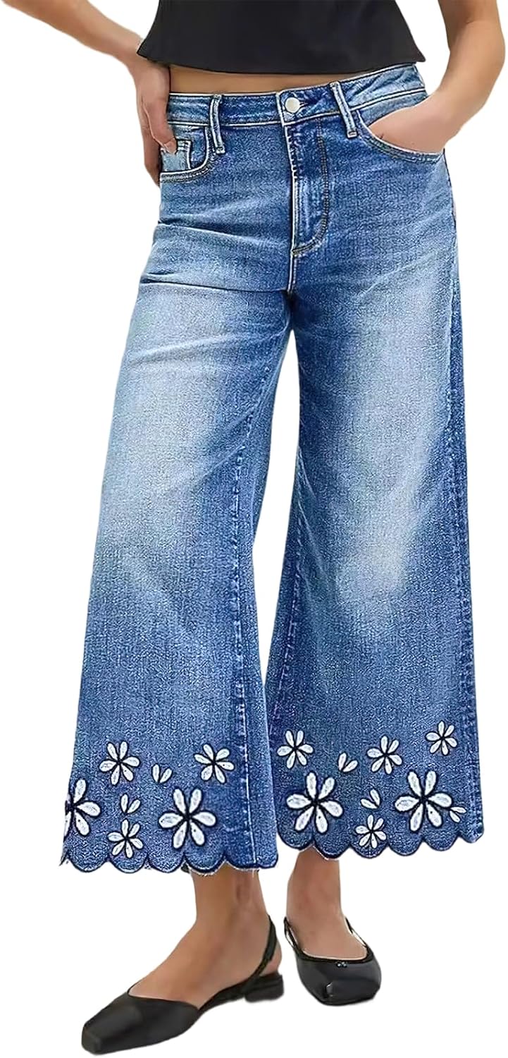 ebossy Women's Floral Embroidered Wide Leg Culotte Jeans High Waisted Scalloped Hem Cropped Denim Pants with Pockets