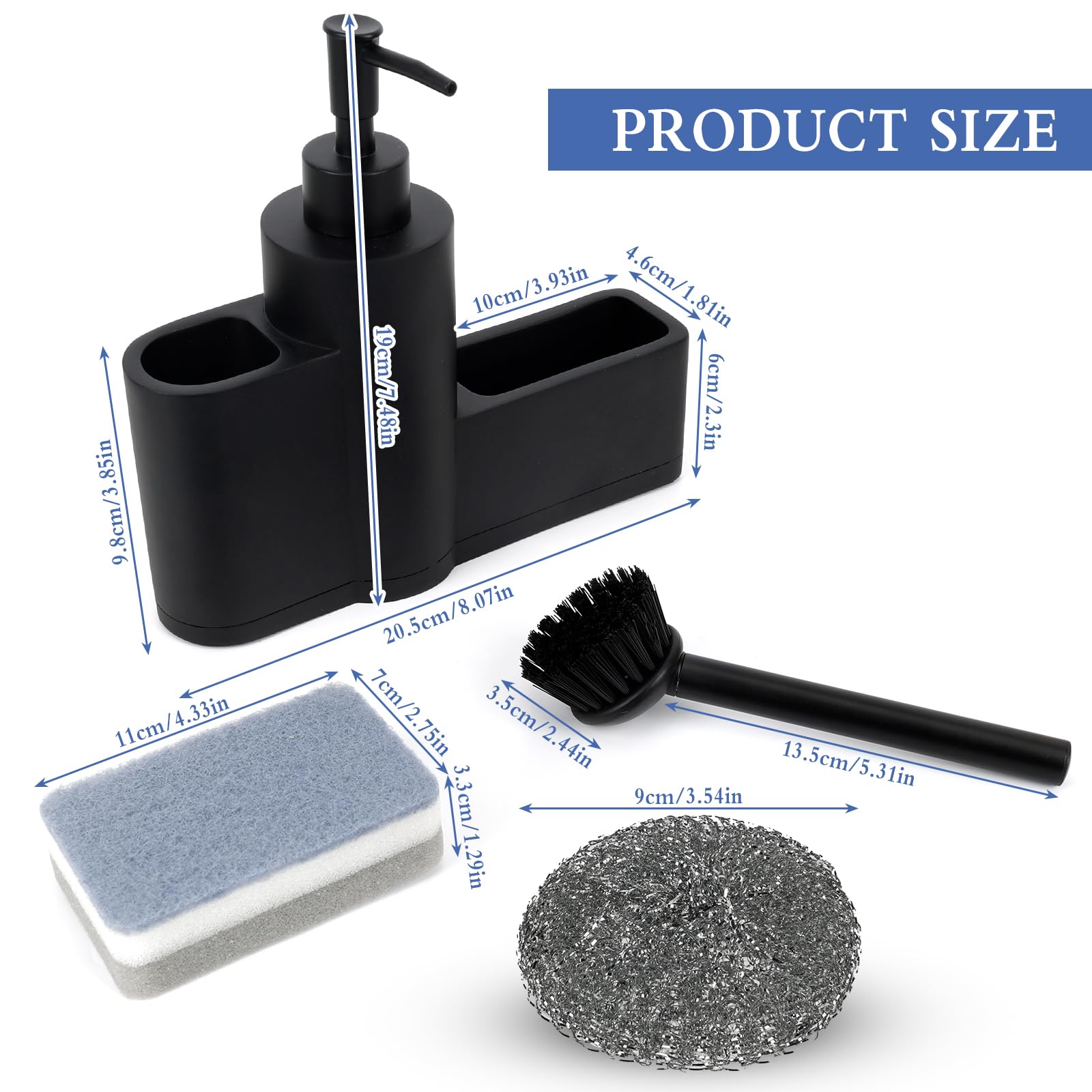 Dadabig Porta Spugne con Dosatore, Porta Spugne Lavello con Spazzola Spugna e Sfera d'Acciaio, Portaspugne per Lavello Cucina Organizer per Lavello 200ml, Nero