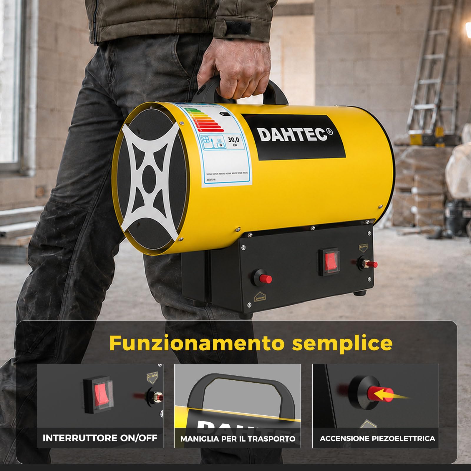 Riscaldatore Mobile a Gas 30 kW - Cannone Termico - Termoventilatore a Gas - Riscaldamento Radiante - Accensione Piezoelettrica - per Cantieri, Officina, Serra