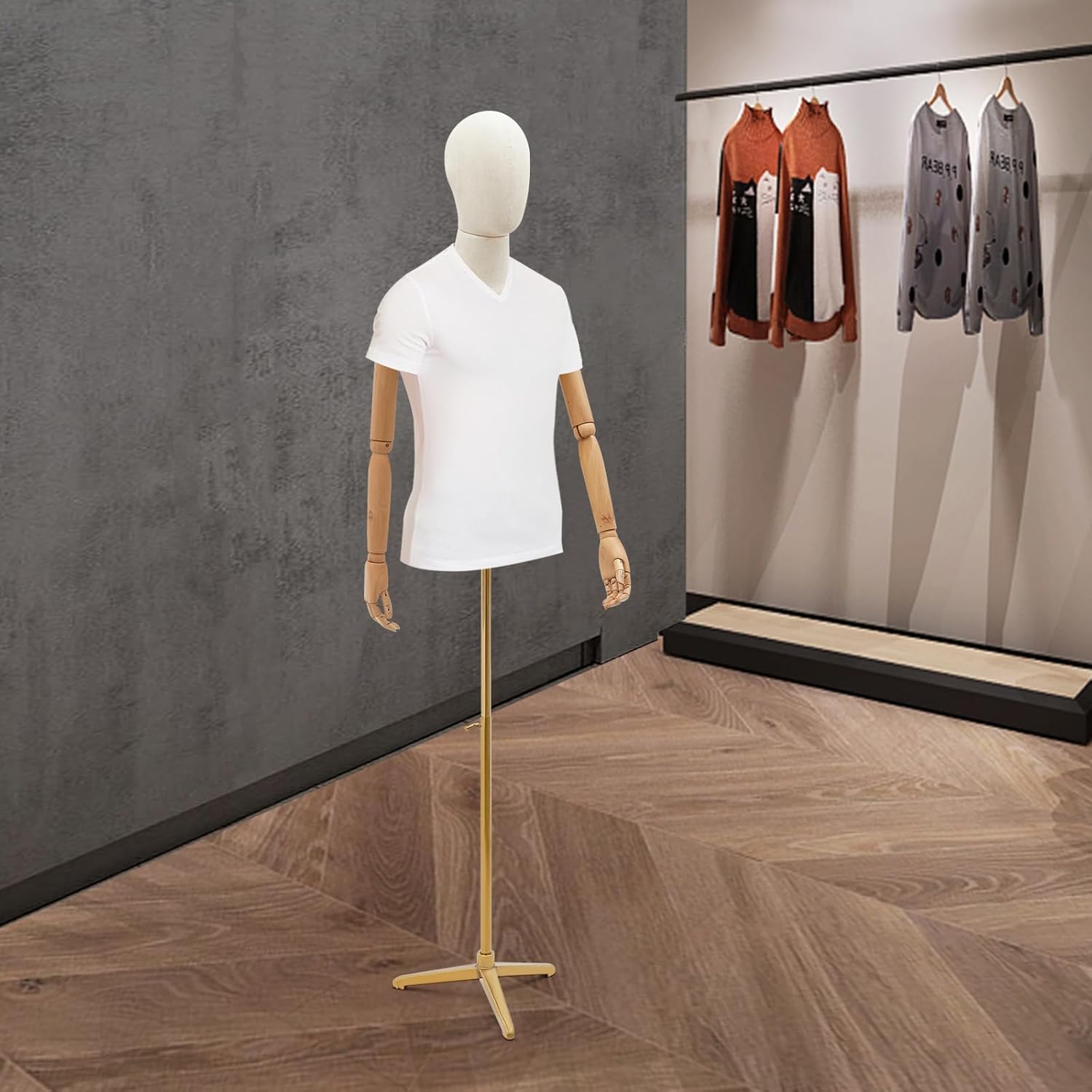 Male Mannequin Torso, 53-76in Height Adjustable Mannequins, Detachable Arms Half Body Display with Head and Tripod Metal Stand for Retail Clothing Shops, Retail Sewing Shop (Gold, Standerd)