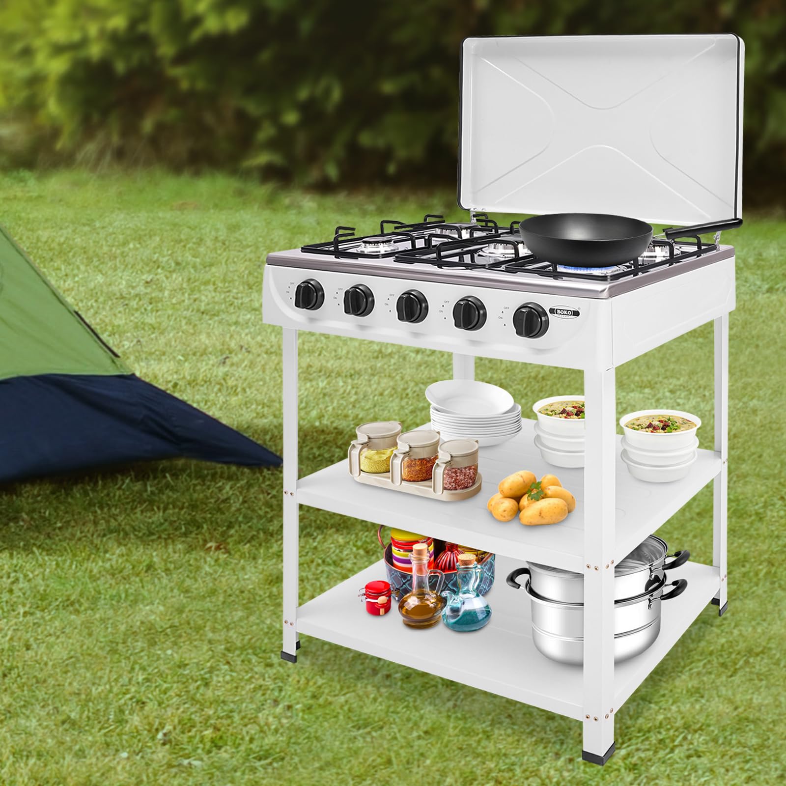 Réchaud à gaz de camping 2,5 kW anti-vent avec plaque de cuisson portable 5 flammes
