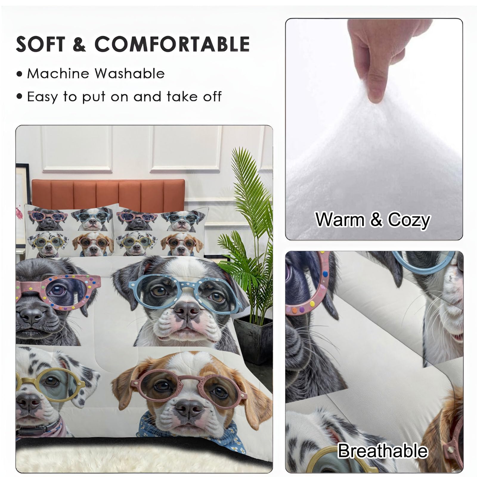 Trapunta Letto Singolo 4 Stagioni Piumone per Bambini, Cane Indossava Occhiali Sole Leggero Semplice Animale Set di Biancheria da Letto 140x200cm con 1 Federe,Piumino Lavabile In Lavatrice