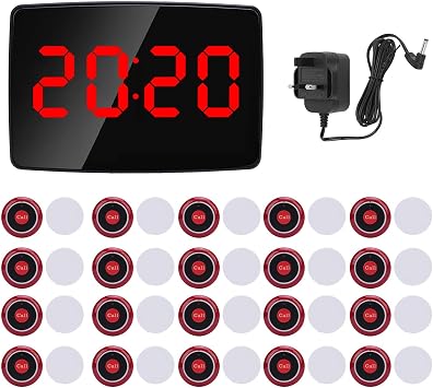 Wireless Calling System, Wireless Paging Service System with 20 Table Bell Buttons 1 Display Receiver for Restaurant Hotel Offices UK Plug