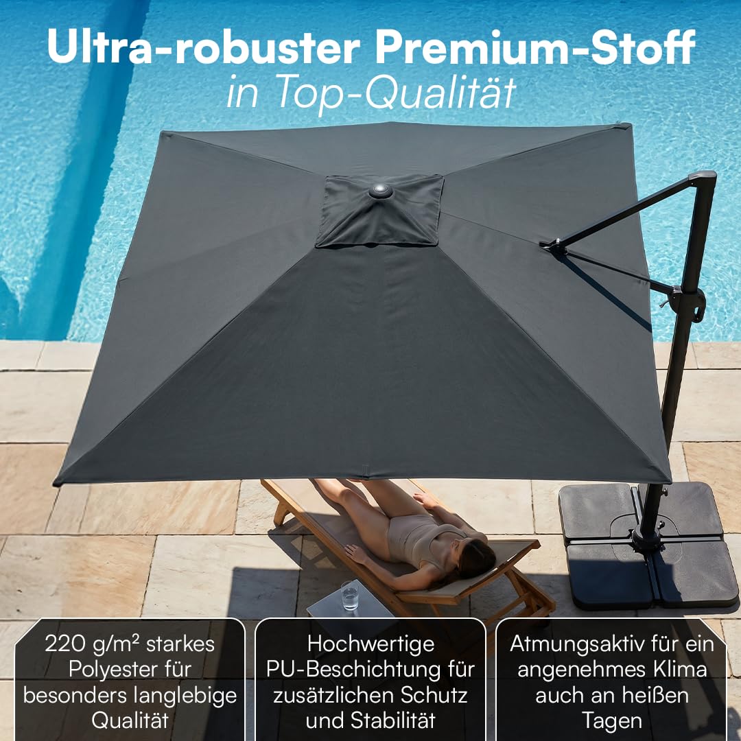 STEELSØN Elaris Premium Sonnenschirm rechteckig 300x300 cm – Ampelschirm inkl. Schutzhülle – Gartenschirm neigbar & 360° drehbar – Sonnenschutz UV50+ wetterfest – robustes Aluminium Gestell - schwarz