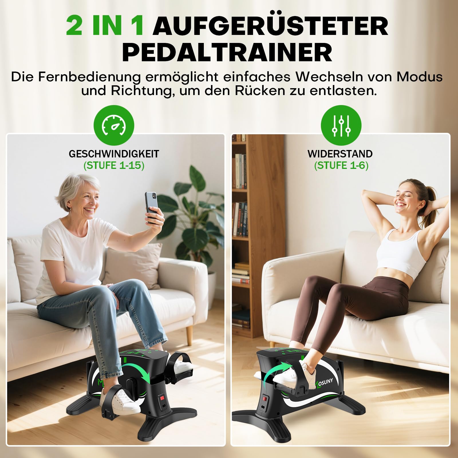 MOSUNY 2 in 1 Pedaltrainer mit Widerstand und Geschwindigkeit, leiser Heimtrainer mit LCD-Display für Senioren