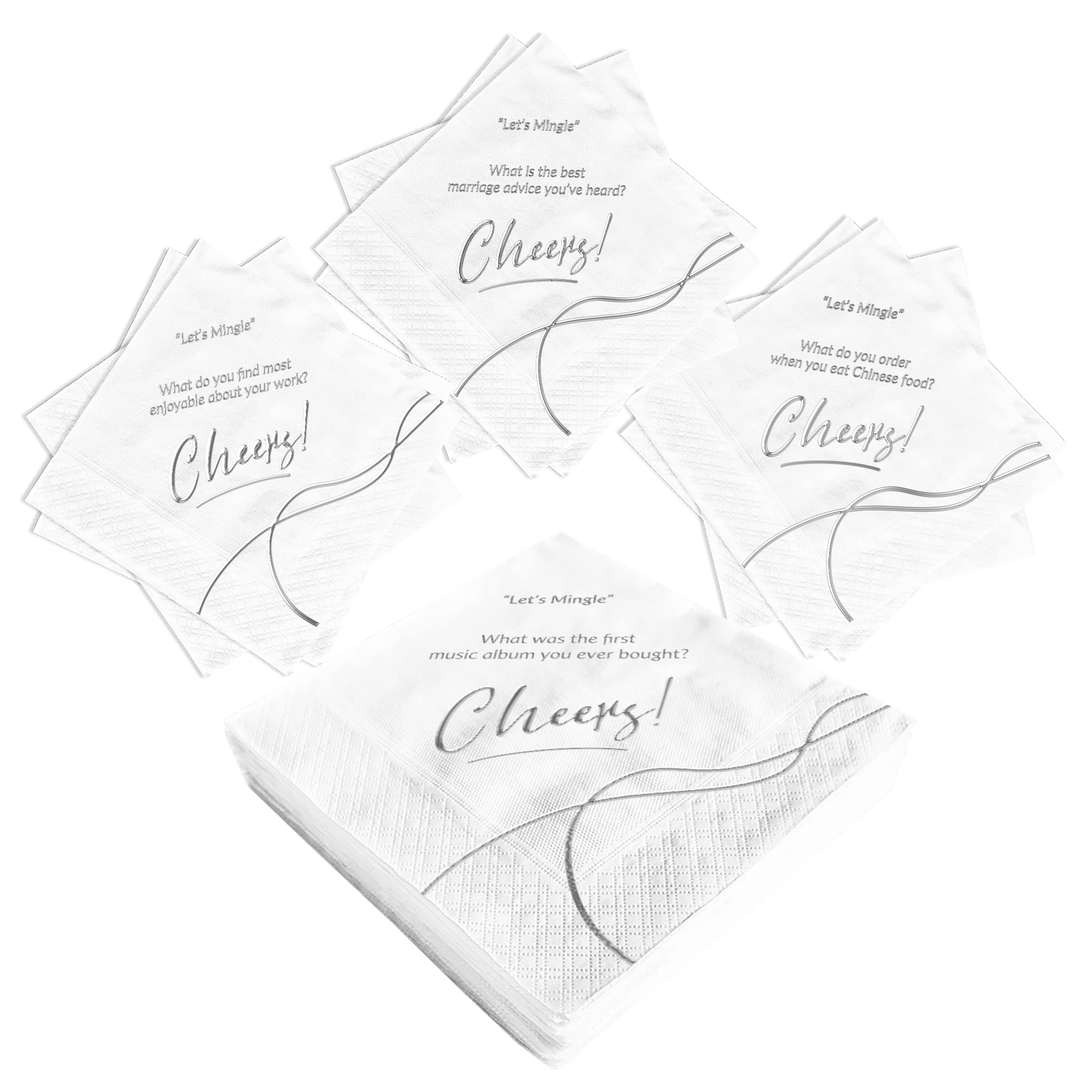 Cotier Convokins Conversation Starter Wedding Cocktail Napkins - Disposable Silver and White Wedding Napkins For Reception, Wedding Rehearsal Dinner and Beverage Napkins, 3-ply Tissue, 50 Pieces