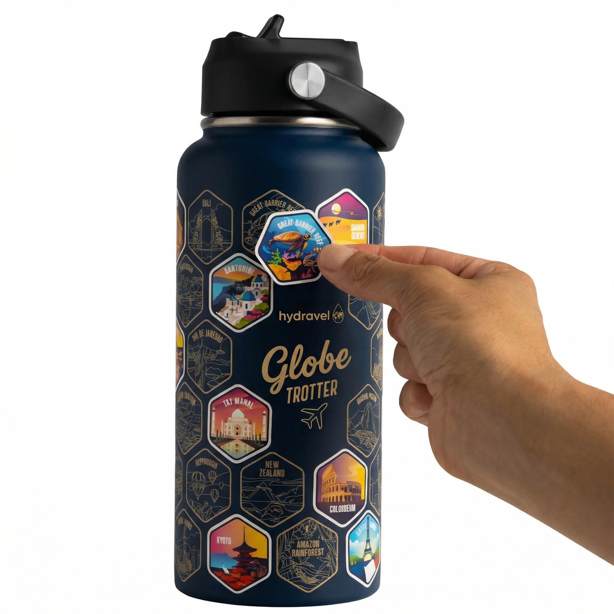 Borraccia Termica GLOBE TROTTER con 50 Adesivi dei Posti più BELLI del Mondo - Ottima Idea Regalo per Viaggiatori - 1 LT, Acciaio Inox, bevande Calde per 12h/Fredde 24h (Blu) - 2