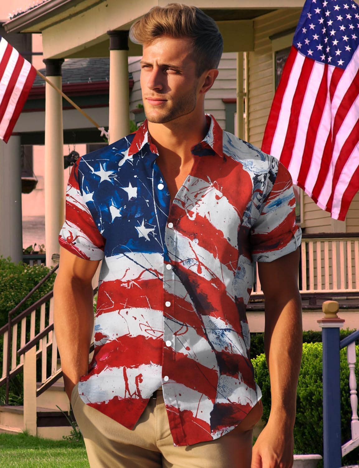 Yoimira 4th of July Shirts for Men,Patriotic Grunge Concept USA Flag Button-Down Casual Short Sleeve Hawaiian Shirts for Men - Image 4