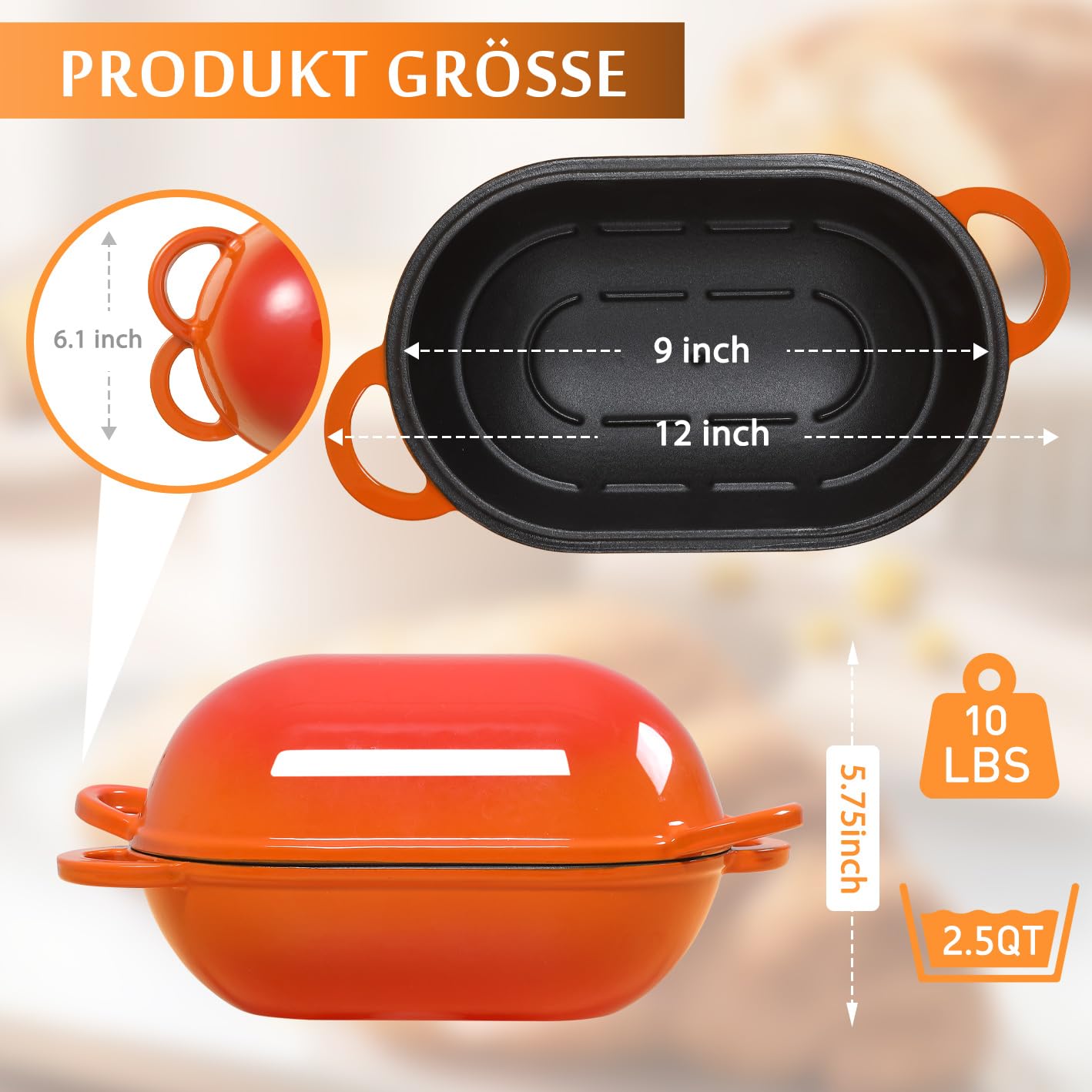 Teglia per pane in ghisa con coperchio, 23 cm, in ghisa smaltata, con coperchio, 2,75 l, ideale per il pane, adatta al forno (arancione)