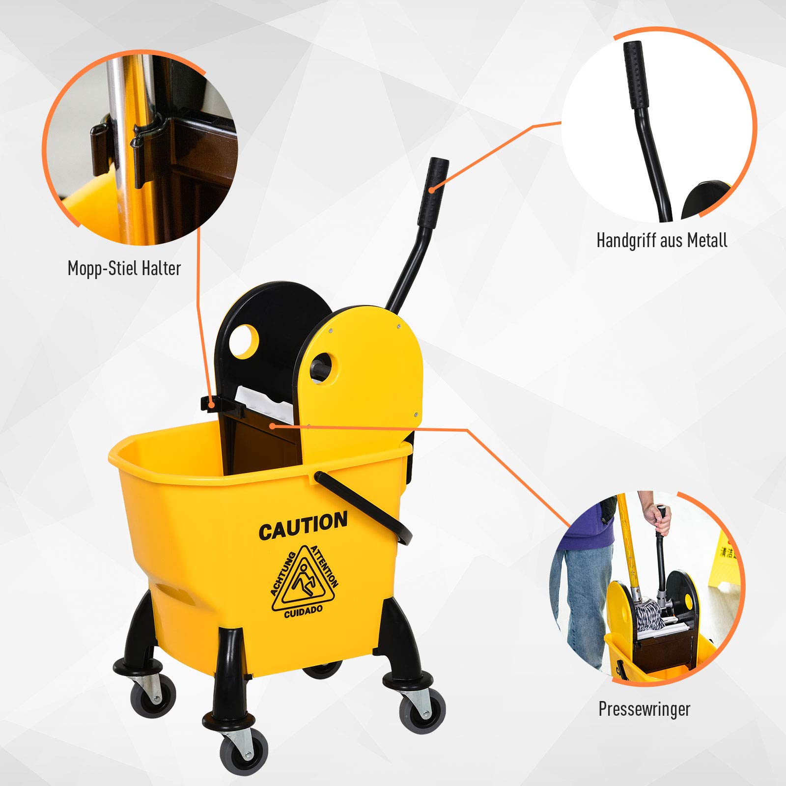 HOMCOM Carro de Limpieza con escurridor, 26 litros, Amarillo, 44 x 36 x 90 cm