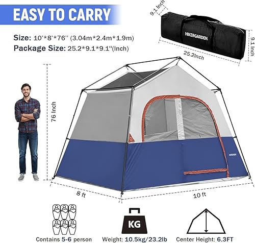 Miniatura 2 de HIKERGARDEN - Tienda de campaña para 6 personas, portátil, fácil de instalar, tienda de campaña familiar para campamento, tienda de campaña de tela