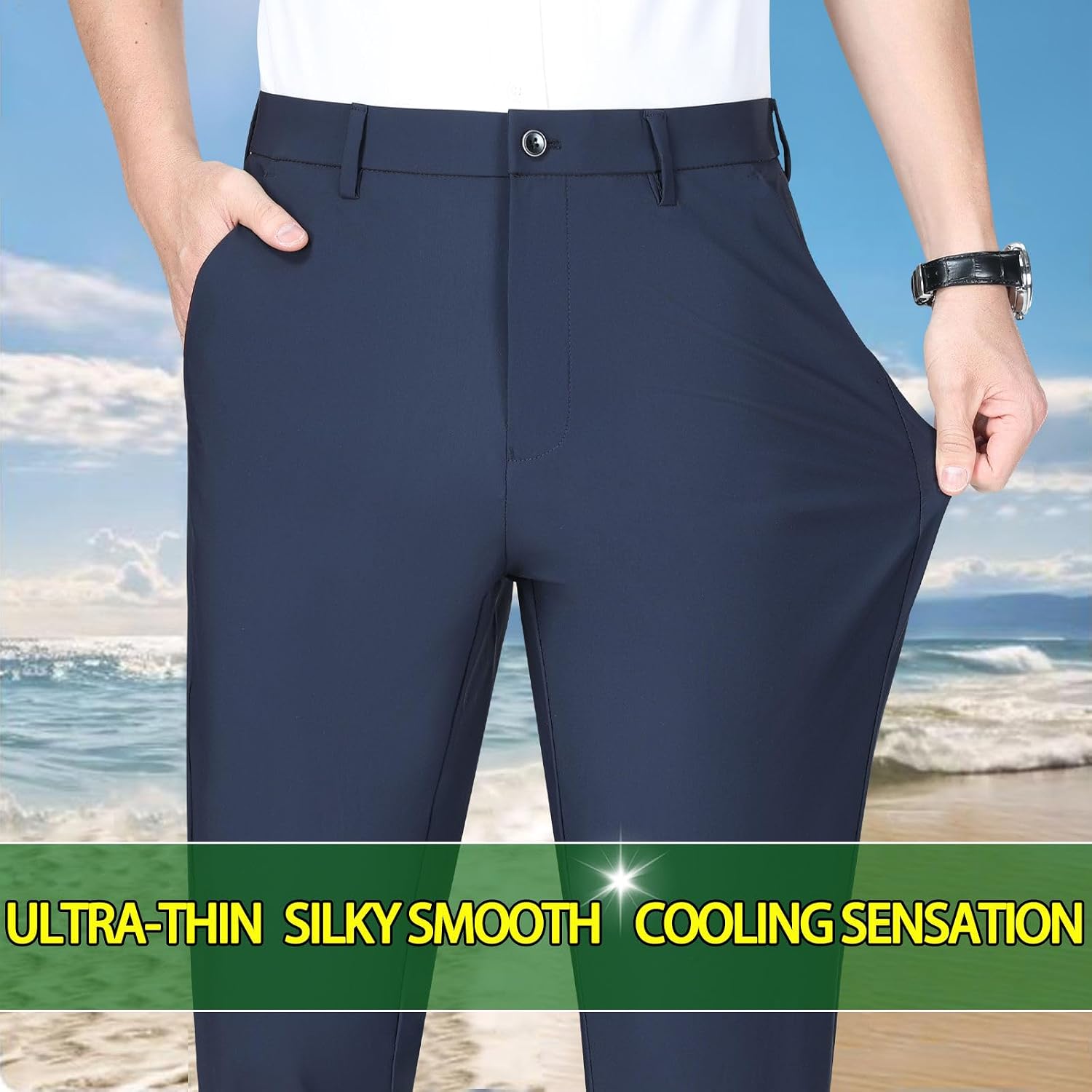 Men's Classic-Fit Dress Pants with 4 Pockets Expandable-Waist Stretch Lightweight Golf Pants