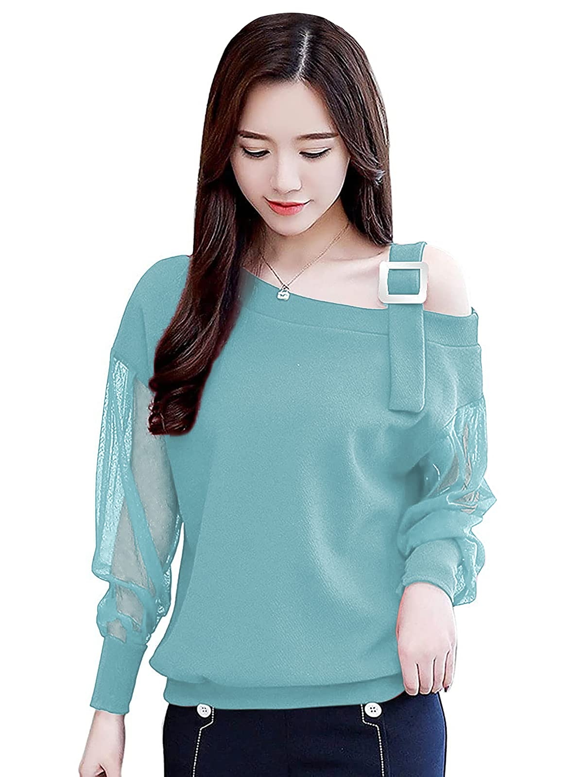 london belly Women's Regular Fit Solid Full Sleeves One Side Off-Shoulder Tunic Top-picture-53
