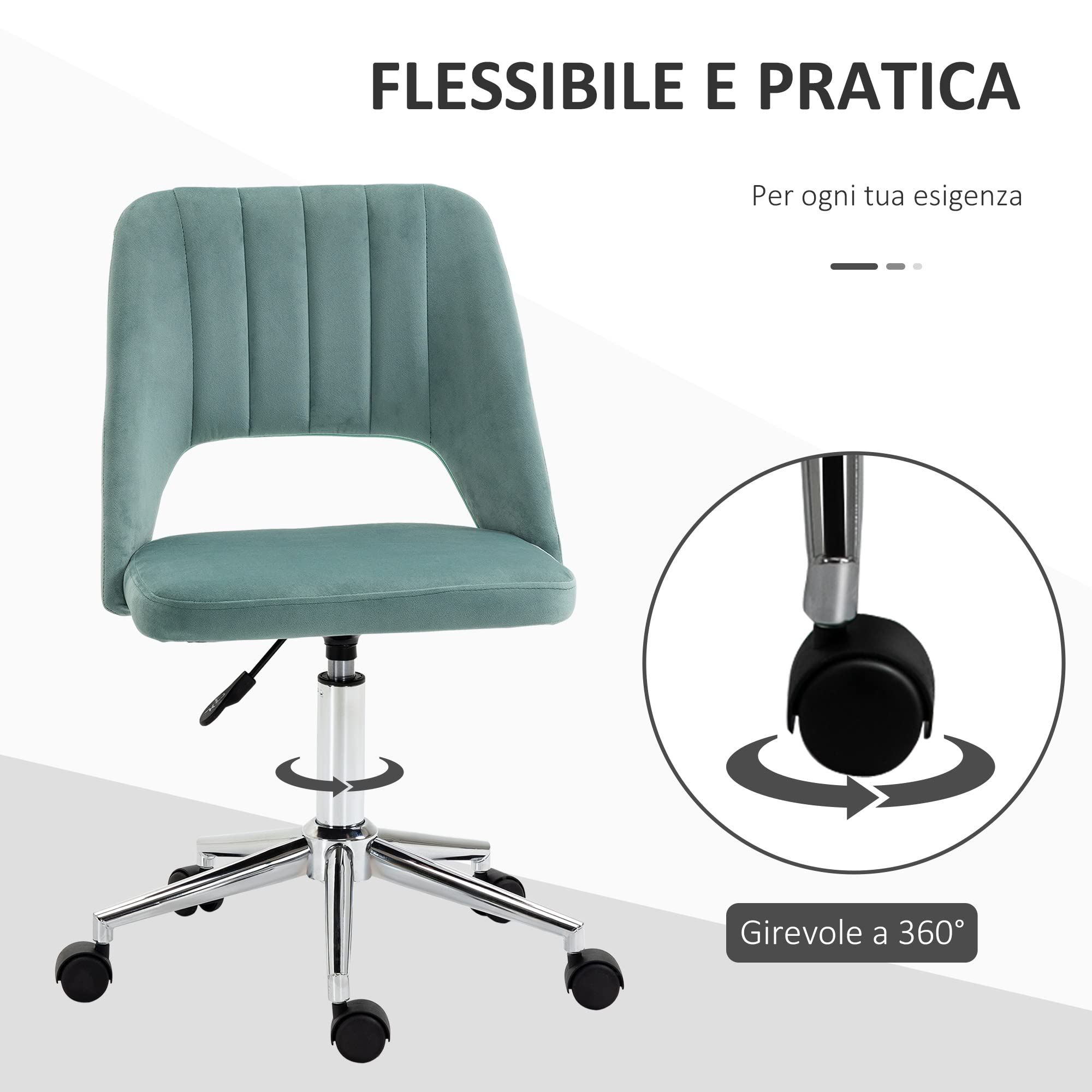 Vinsetto Sedia da Ufficio Ergonomica Girevole 49x60x79-91cm Verde Petrolio | Sedia Imbottita per Scrivania, Altezza Regolabile