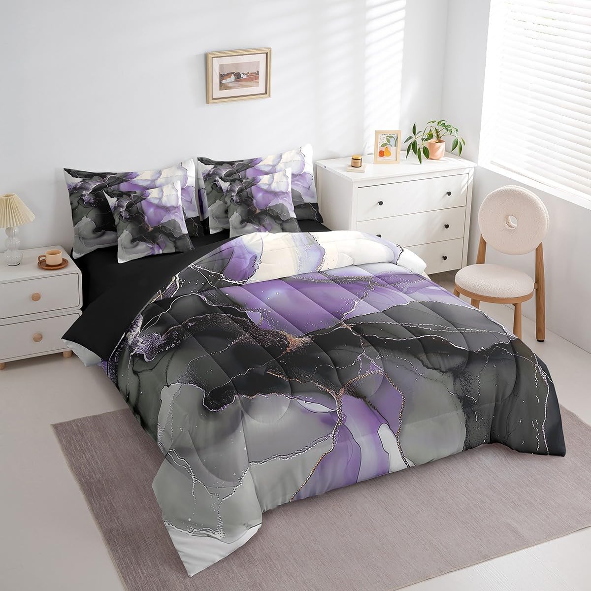 Black Purple Marble Bed in a Bag 7pcs Watercolor Aesthetic Bedding Set, Abstract Marbling Queen Size Comforter Set Stone Pattern Bedding Comforter Sets, Gold Metallic Bed Set Girls Bedroom Decor