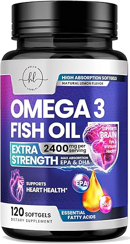 Suplementos de aceite de pescado Omega 3 de 2400 mg - Ácidos grasos Omega 3 de triple fuerza, salud natural del corazón y apoyo articular - Ácidos