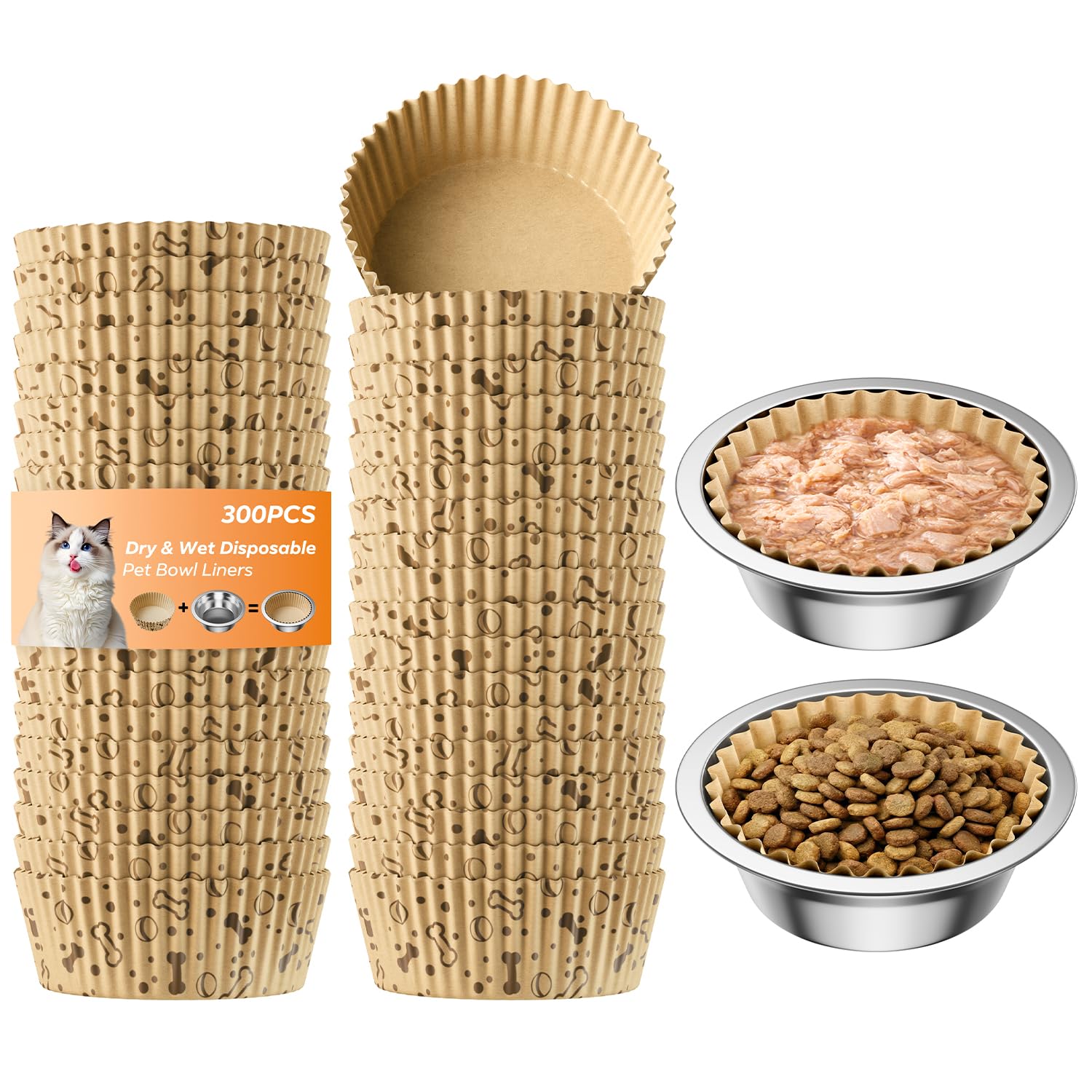 Cute Printed Disposable Pet Bowl Liners for Cats & Small Dogs, Paper Feeding Dish Pads, Round Pet Food Bowl Inserts for Wet or Dry Food, Leak Resistant Mealtime Mats (300, Brown)