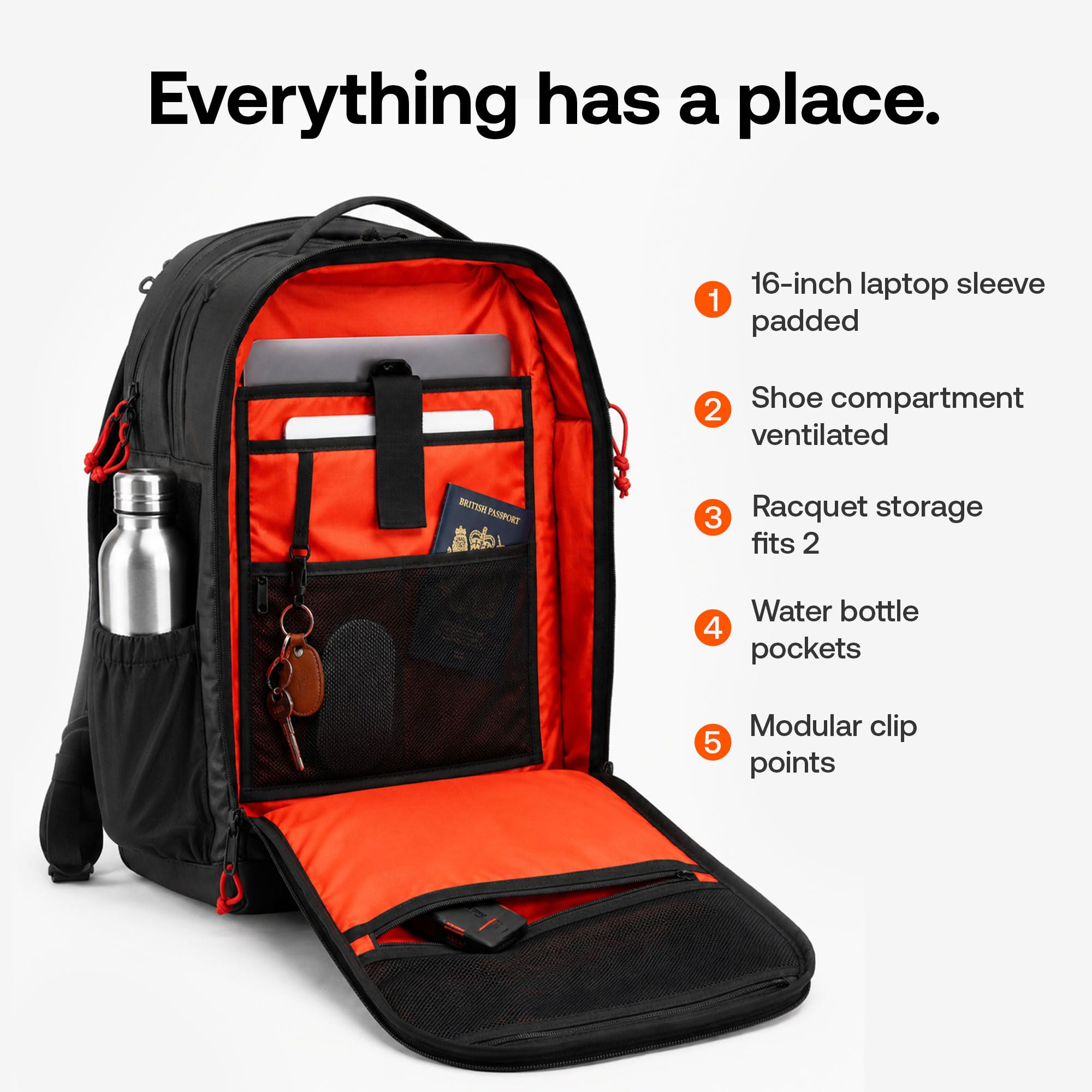 Modular Tennis Pickleball Backpack 30L, Fits 2 Rackets, Laptop, Shoes, Carry-On Cancha All Court Backpack, Modular Padel & Tennis Bag with  main image 4