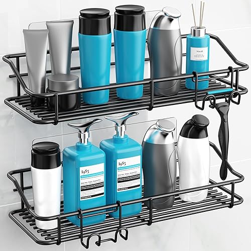 Vista 30 de Nieifi Estante de almacenamiento adhesivo de acero inoxidable sin perforar con ganchos para baño, lavabo, baño, baño, cocina, paquete de 2