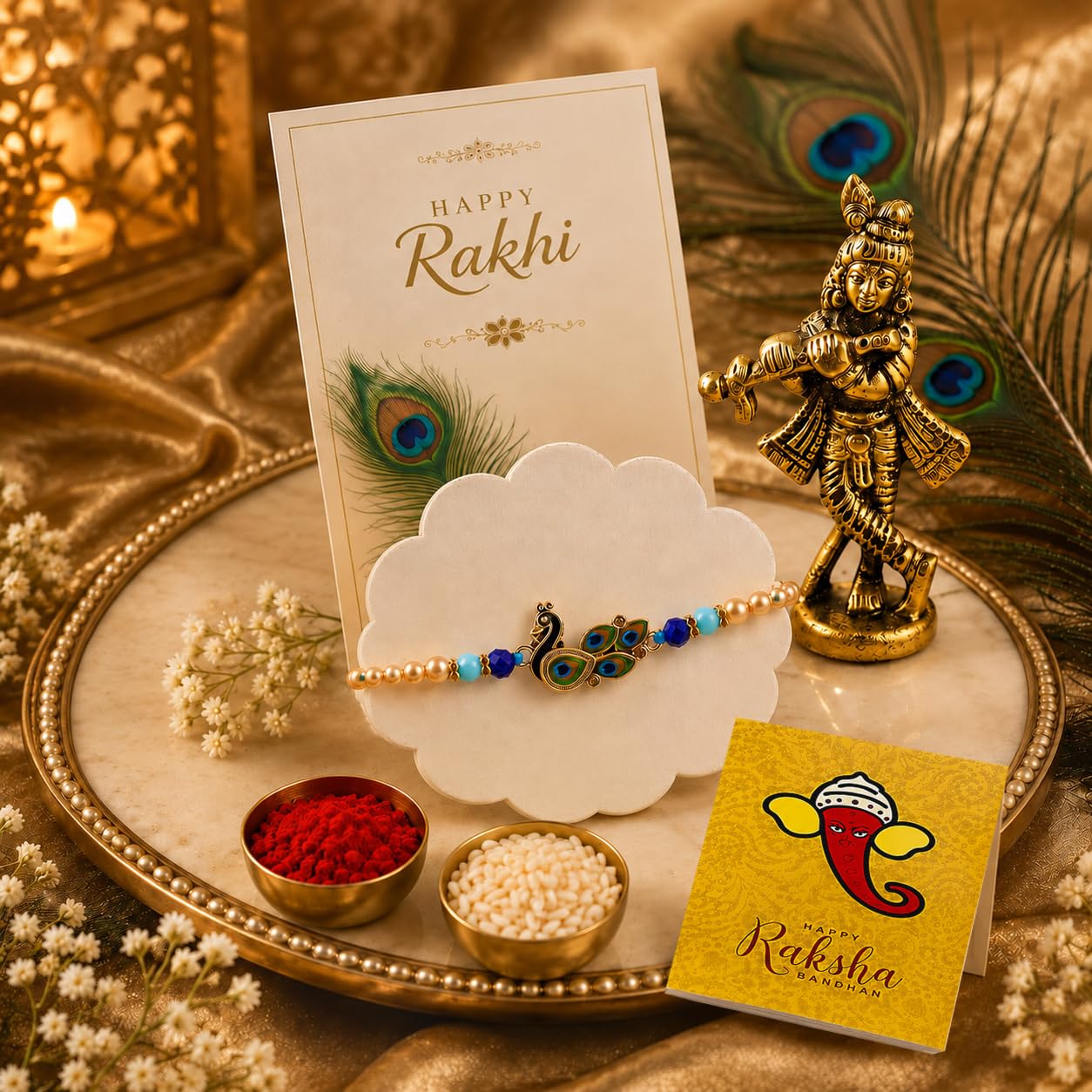 CraftVatika Rakhi Gift for Brother with Gift Combo Set | Krishna Idol with Rakhi for Brother Boy Bhaiya Men Kids | Rakhis Combo for Rakshabandhan | Peacock Rakhi Set of 1,Krishna Idol for Gift-image-49