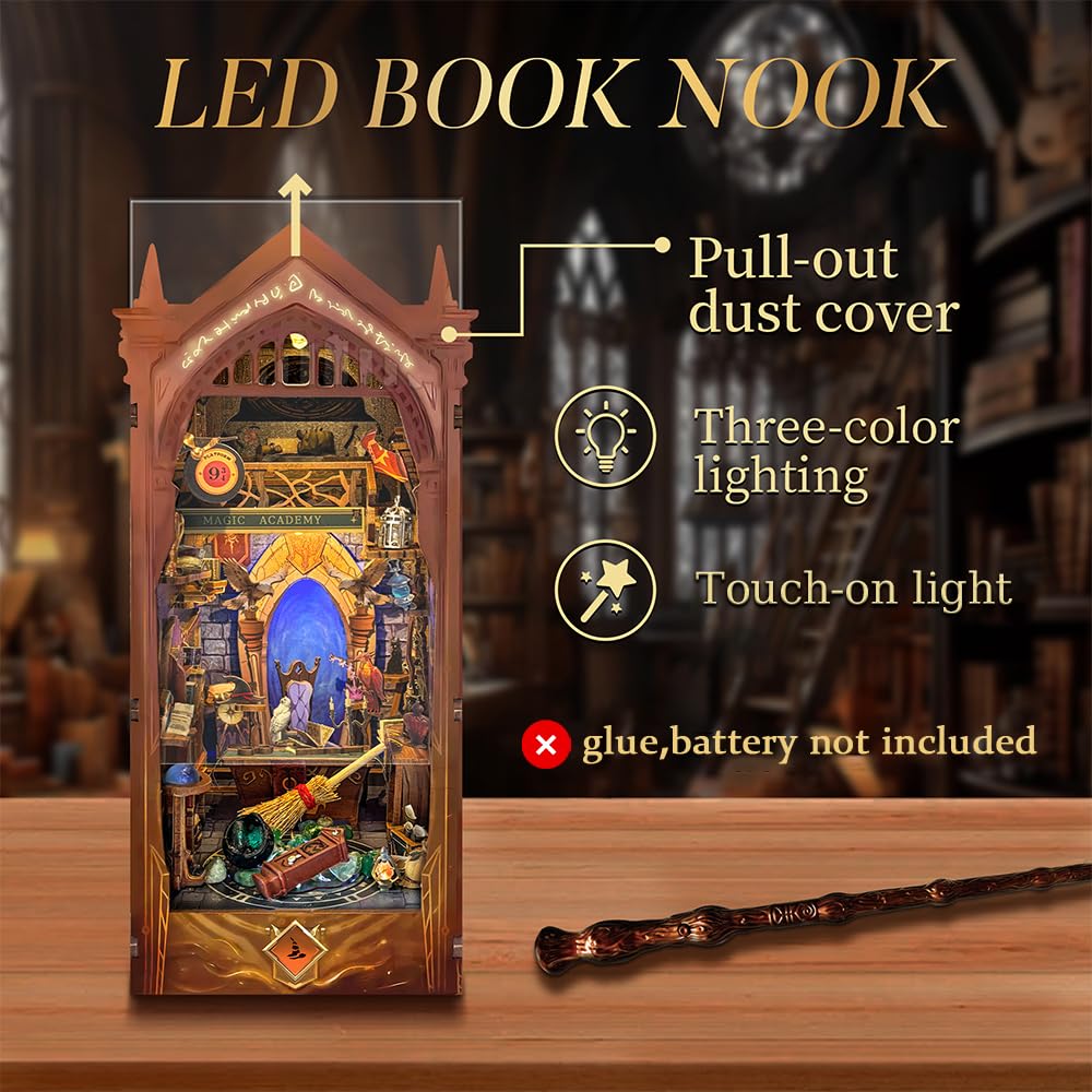 STRUCWOOD DIY Book Nook Kit with Remote Wand 3D Wooden Puzzle Dollhouse Miniature Booknook Creative Bookend Bookshelf Decor for Adults - Image 4