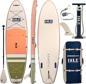 ISLE Pioneer Inflatable Stand Up Paddle Board, Incl. Coil Leash, Touring Fin, Travel Backpack, Hand Pump, Paddle - Beginner Friendly SUP - max. 285 lbs - 106 Inflatable Paddle Boards for Adults