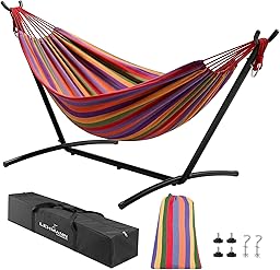 LEHMANN Hamac avec Support en Acier, Capacité de Charge 200 kg, pour 2 Personnes 6 Hauteurs Réglables, Pliable et Transportable avec Sac de Transport, idéal pour Camping, Jardin et Balcon