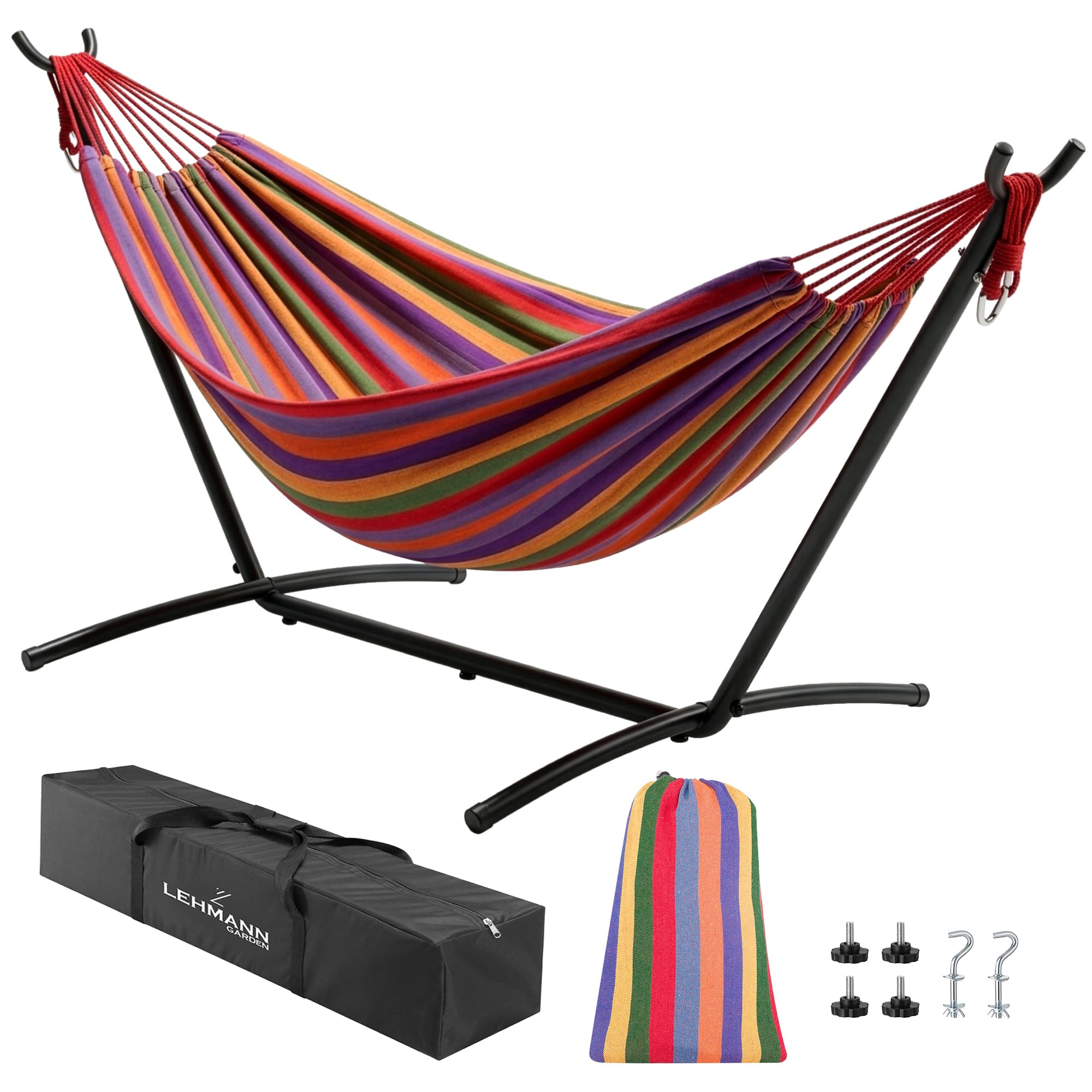 LEHMANN Hamac avec Support en Acier, Capacité de Charge 200 kg, pour 2 Personnes 6 Hauteurs Réglables, Pliable et Transportable avec Sac de Transport, idéal pour Camping, Jardin et Balcon