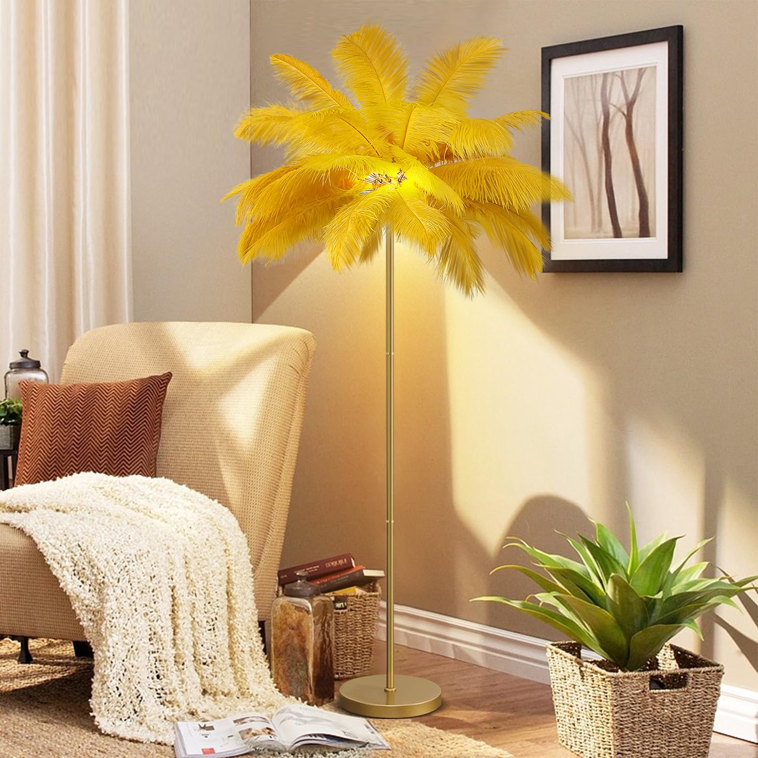 JAMCHE Ostrich Feather Floor Lamp 3 Color Temperatures 1.6m Standing Lamp Tall with Foot Switch Golden Lamp Body Tall Lamps for Living Room Bedroom 6 LED Bulb (Gold)