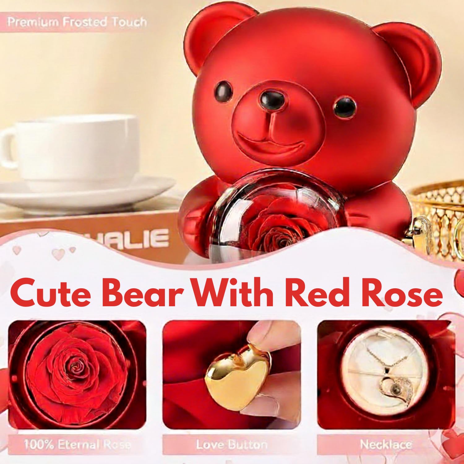 Romantic Teddy Bear Gift with Rose & Necklace - I Love You -9