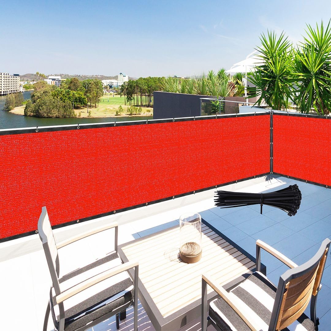Zip Cable Ties and 4' x 9' Red Privacy Screen Fence Cover Panel Shade Cloth Fabric for Chain Link Fence Balcony Deck Patio Pool Railing Porch Playground Yard Garden Farm