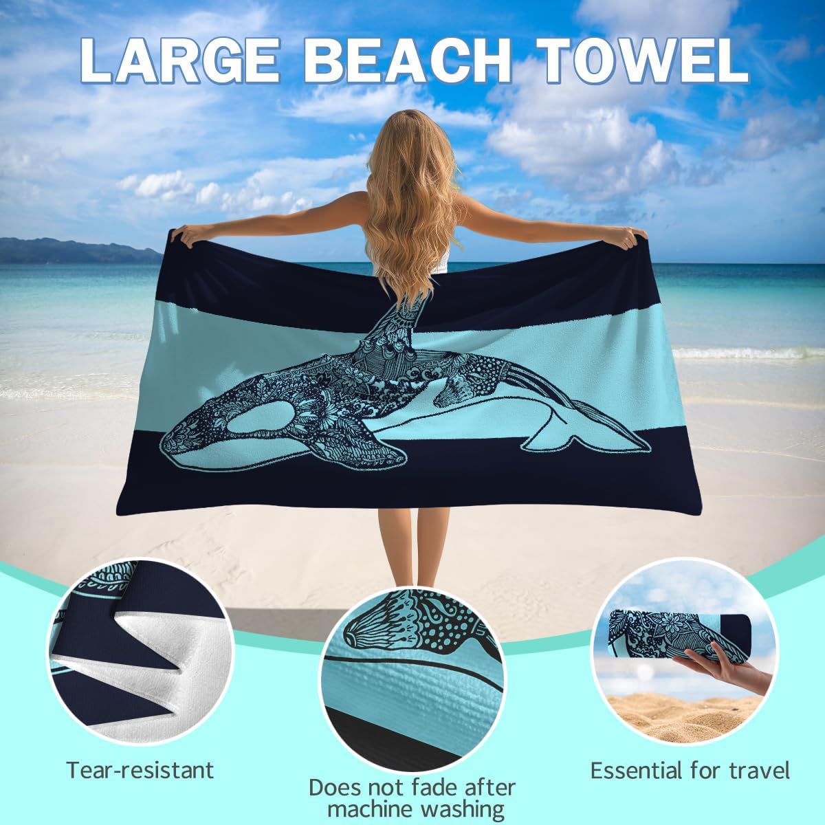 Whale Microfiber Beach Towel 30×60 Inch Fast Dry Lightweight Towel