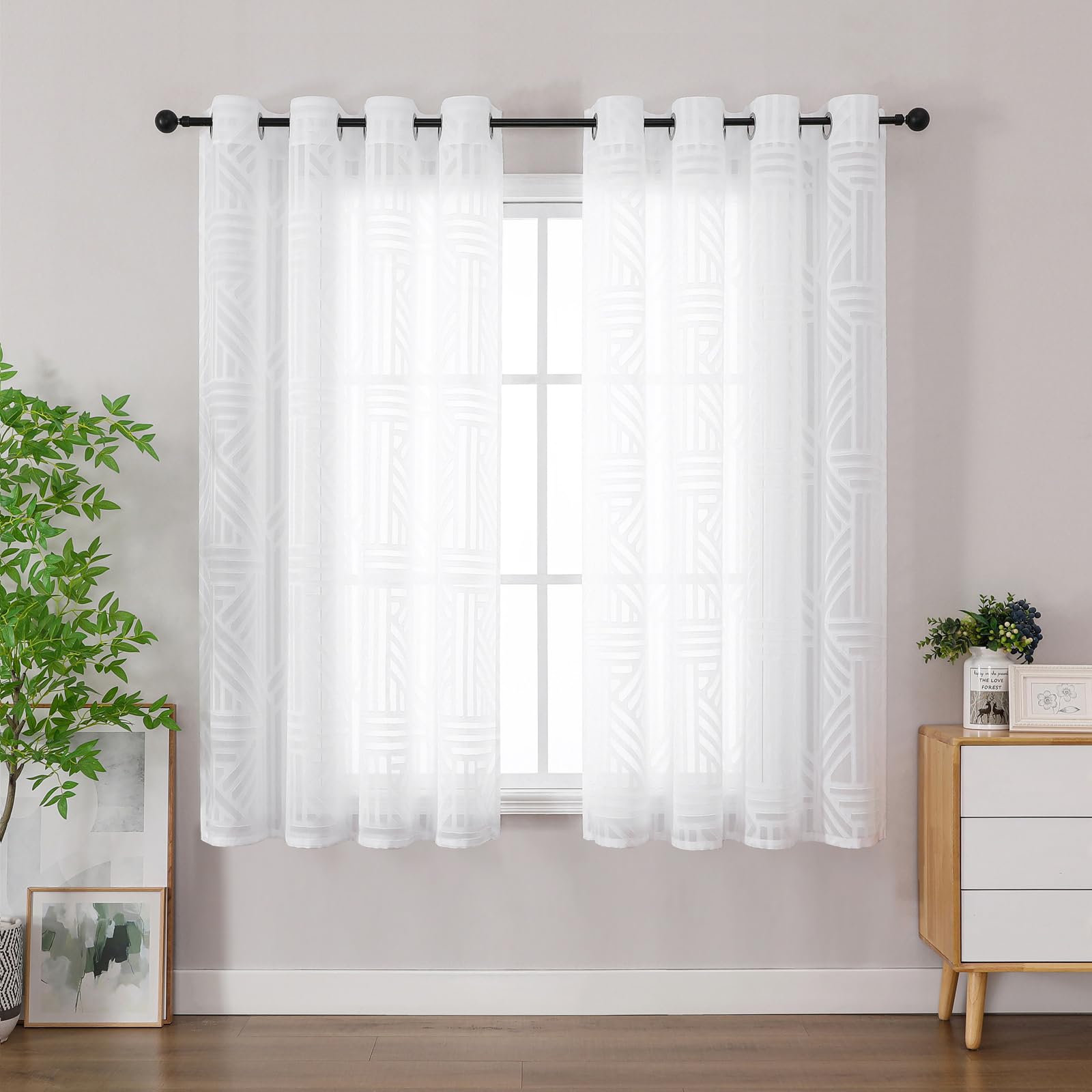Simplebrand Semi Sheer White Curtains 140x137cm 2 Panels, Geometric Jacquard Clip Textured Short Sheer Curtains for Bedroom，Eyelet Modern Elegant Window Panels/Drapes/Treatment