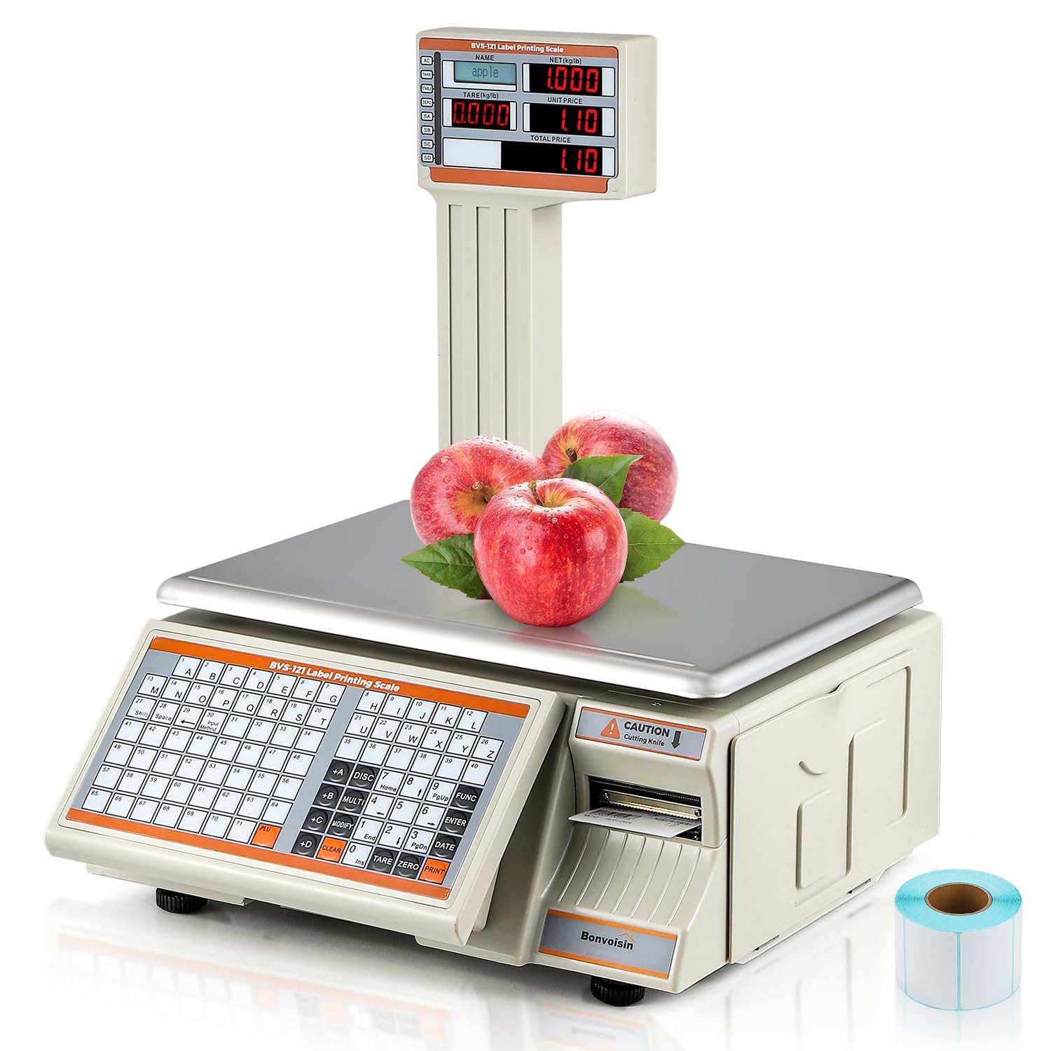 Bonvoisin 30kg Báscula con Impresora de Etiquetas y Código de Barras, Pantalla Doble, 71 Teclas Directas, 4000 PLU, RS232/Ethernet, Incluye 2 Rollos de Papel, para Comercio