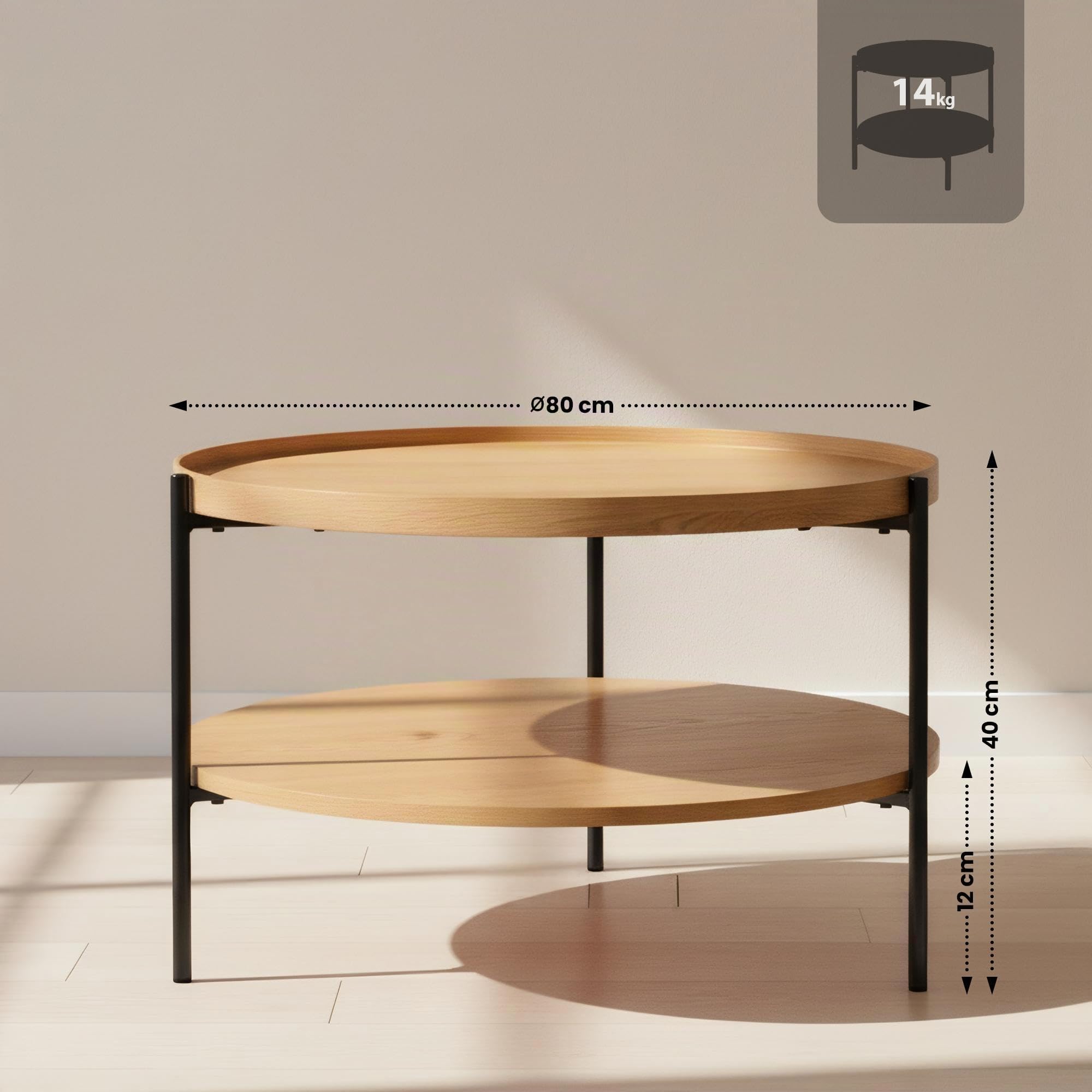 CLP Mesa de Centro Redonda de Madera Corbitan, mesita de salón de 2 Niveles con Almacenamiento, Estructura de Metal Negro pequeña, Color:Natura, Tamaño:Ø 80 cm