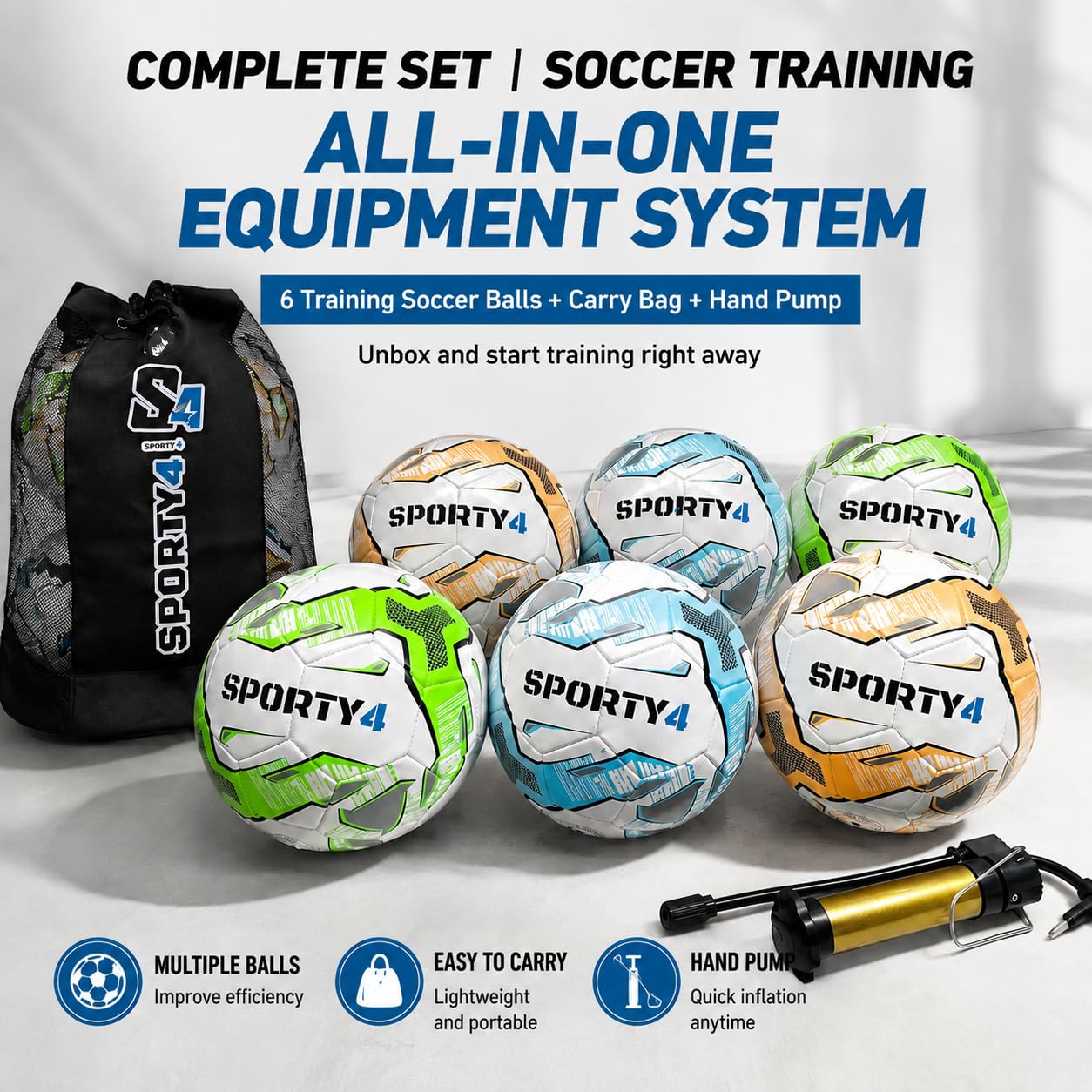 Paquete de 6 pelotas de fútbol tamaño 4 para entrenamiento y partidos, tamaño y peso oficiales, incluye red de transporte, bomba de aire, ideal para jugadores jóvenes y adultos, altamente