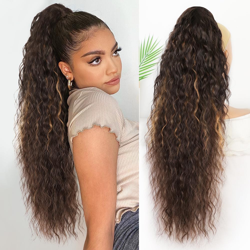 ALXNAN Claw Clip Ponytail,30 Inch Brown with Caramel Blonde Ponytail Extension for Women Synthetic Long Curly Wavy Clip in Ponytail Hair Extensions