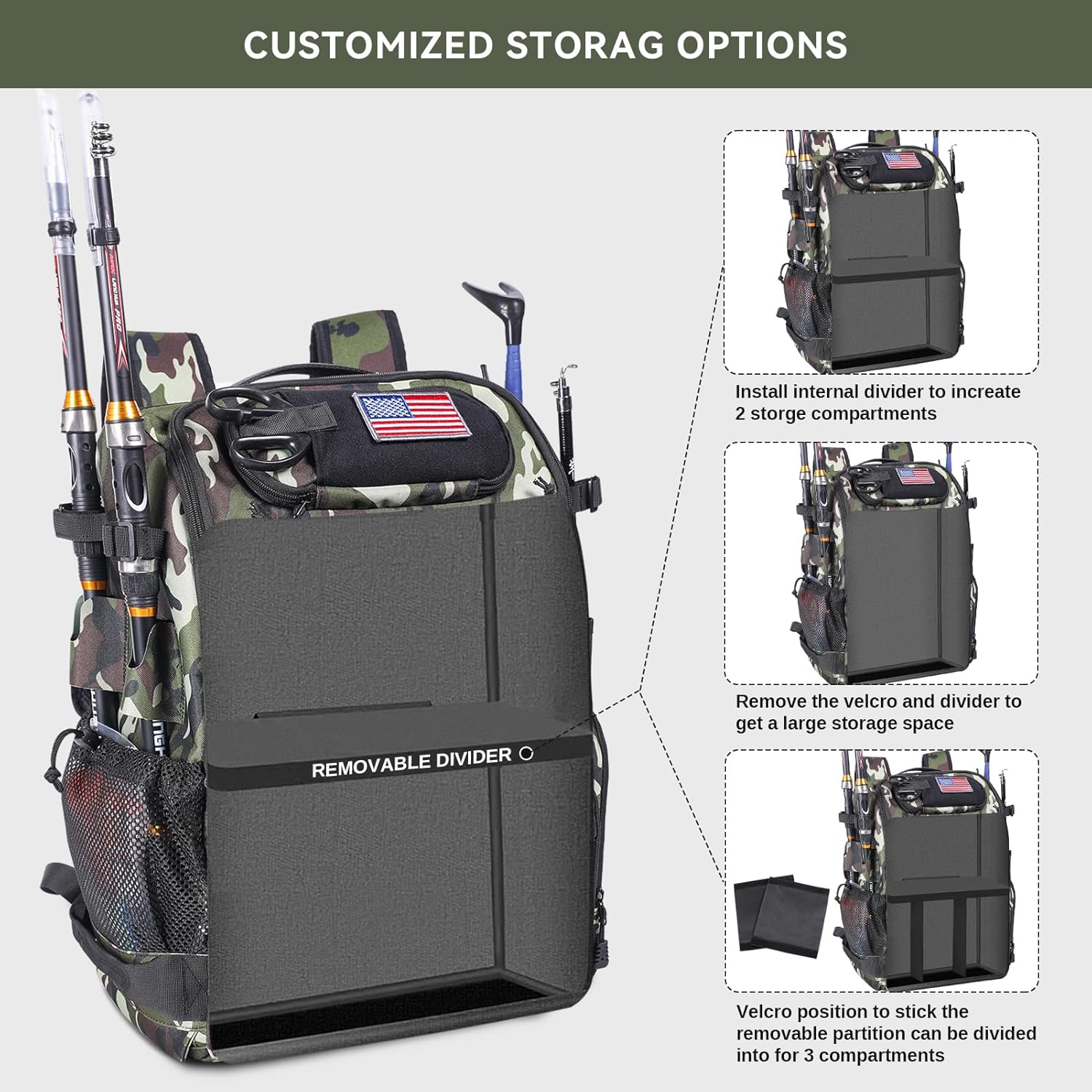 Bagenerous 39L Fishing Tackle Backpack with Rod Holders & Cooler,Water-resistant Fishing Gear Storage Bag with Protective Rain Cover,Camouflage