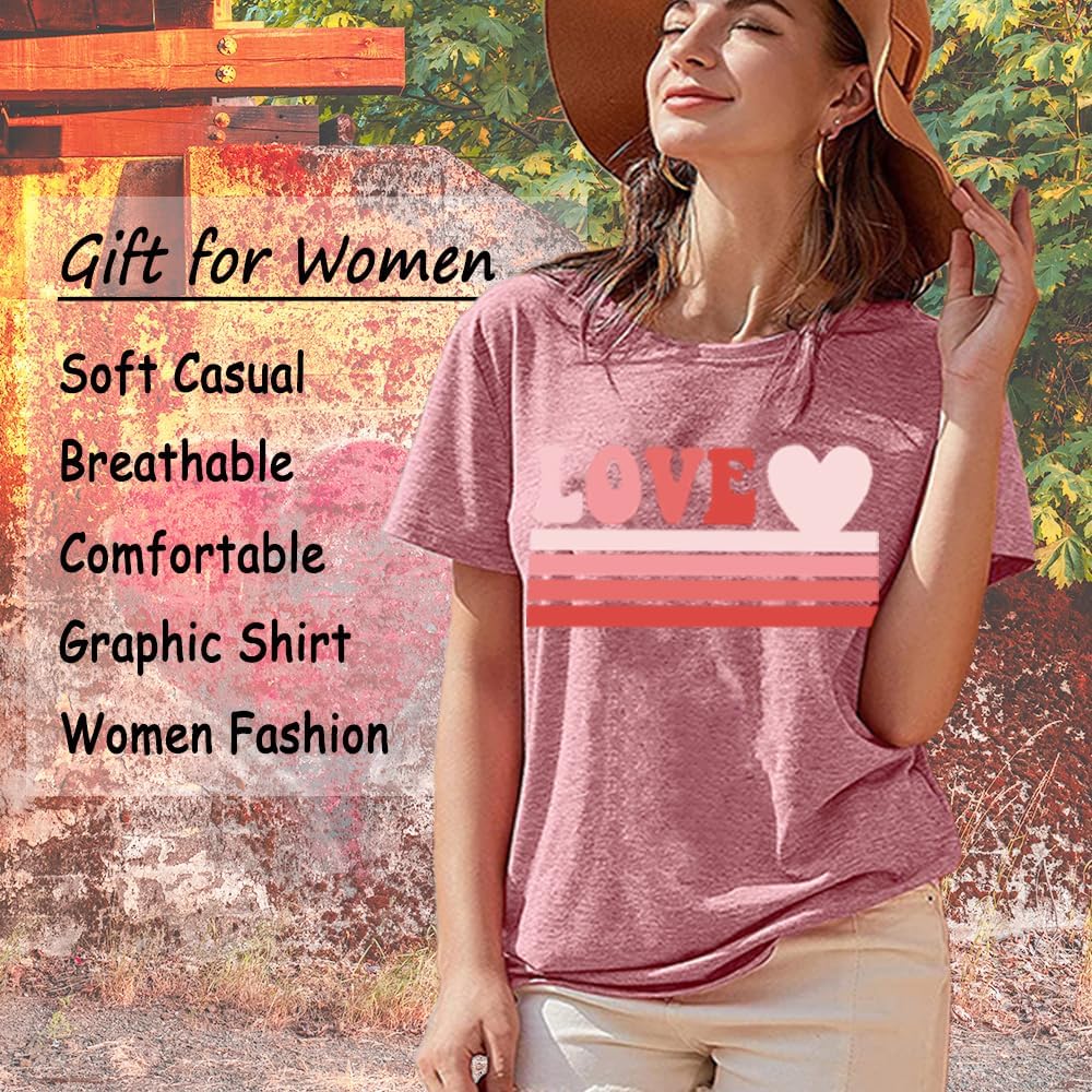 Womens Valentines Love Shirt Novelty Love Heart Shirts Funny Stripes Graphic Tees Casual Short Sleeve Valetine Tops - Image 2