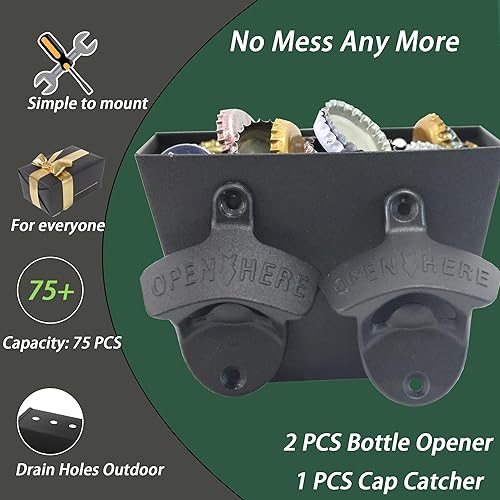 Miniatura 2 de Abridor de tapas de cerveza negro montado en la pared con agujeros de drenaje de captador al aire libre