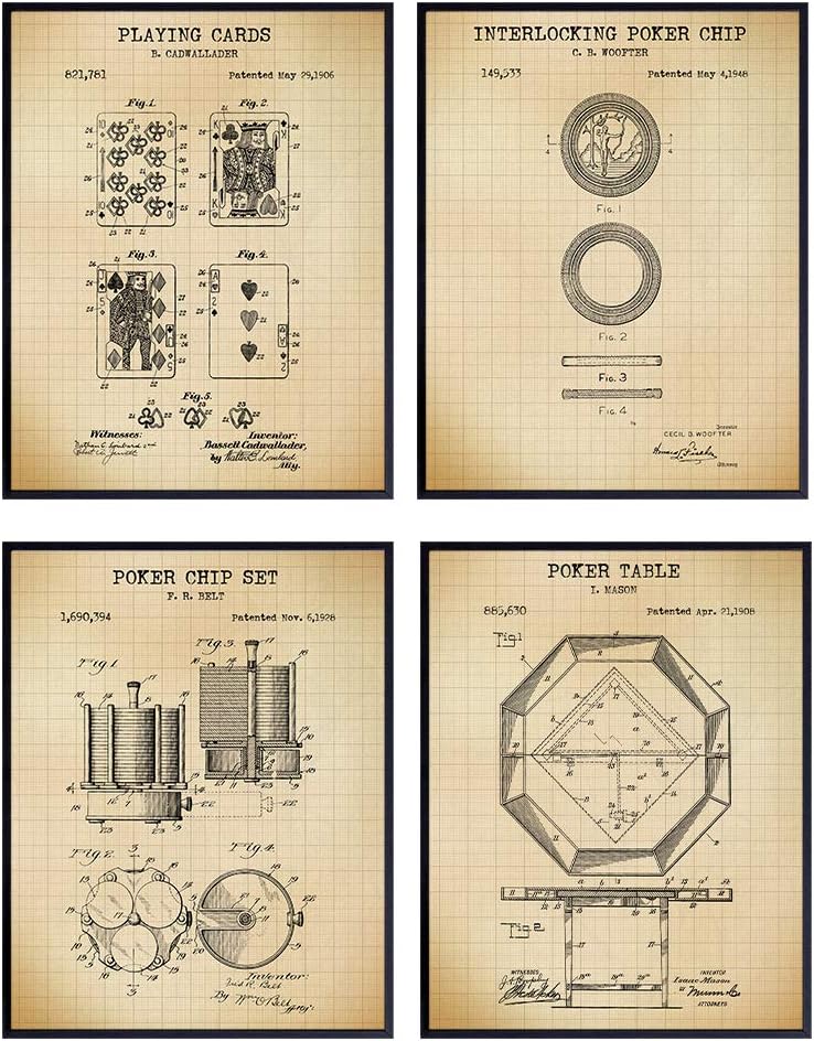 Poker Patent Wall Art Prints - Set of Four (8X10) Vintage Unframed Photos - Gift For Poker and Card Players, Cool Man Cave Home Decor