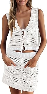 Saodimallsu Womens Crochet Swim Cover Up 2 Piece V Neck Sleeveless Front Tie Crop Tops Beach Mini Skirt Coverup Set Price In India