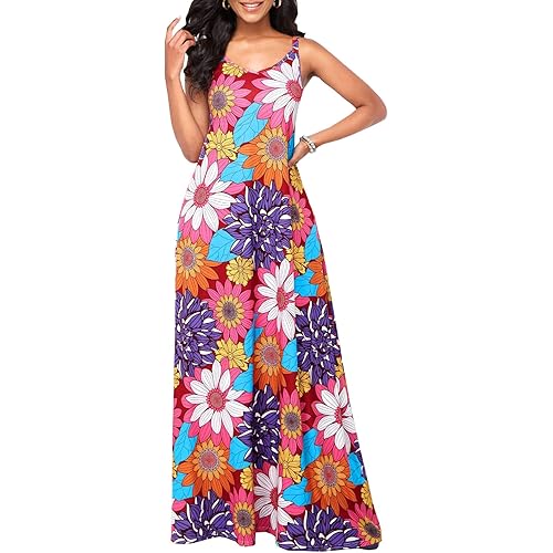 Women's Sexy Summer Sundress Maxi Dresses Plus Size Loose Butterfly Printed Colorful Adjustable African Dress with Pockets