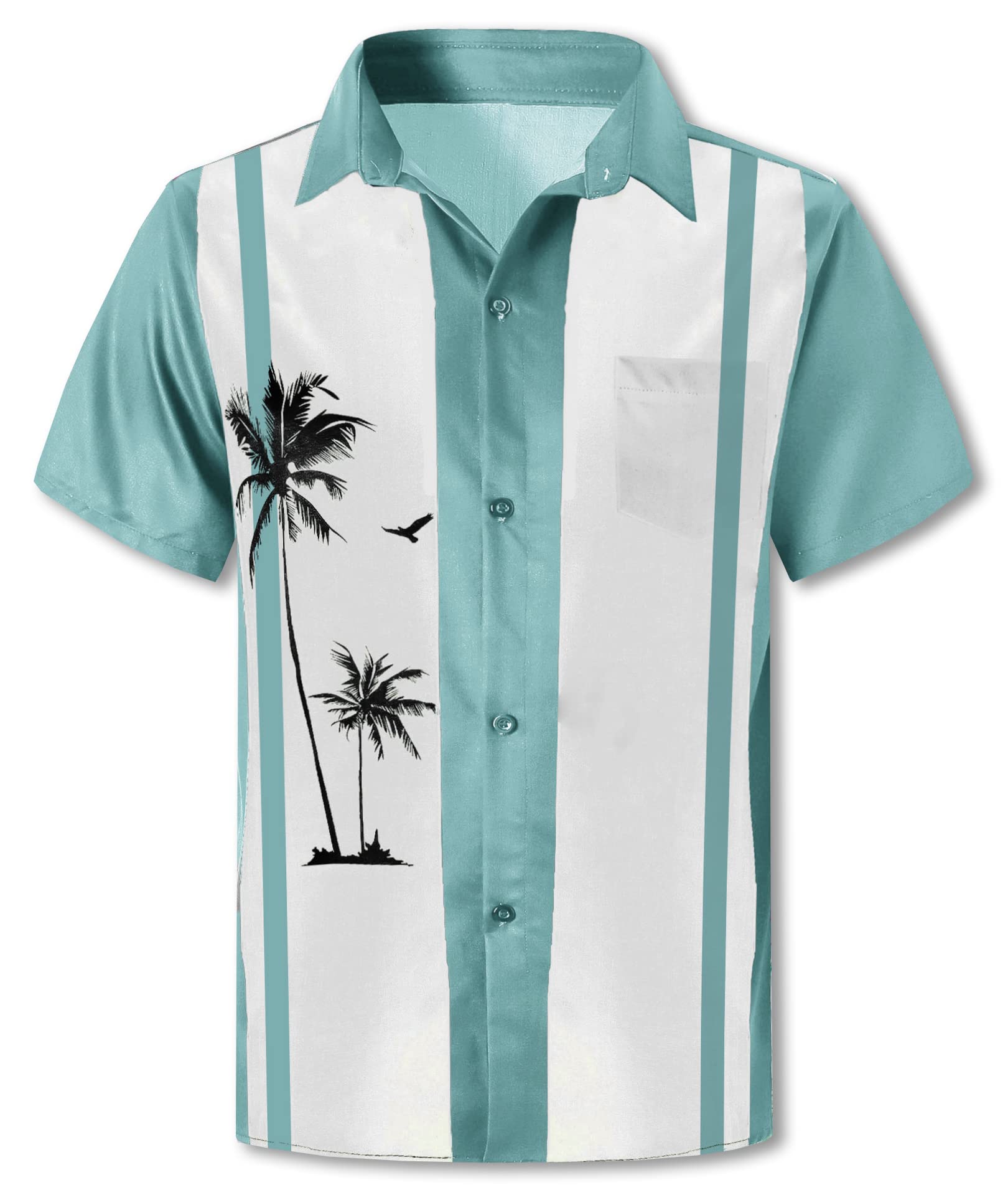 Cromoncent Camicia hawaiana da uomo e ragazzo a maniche corte con colletto cubano tropicale per vacanze estive da spiaggia, Bowling Verde Bianco, 4XL