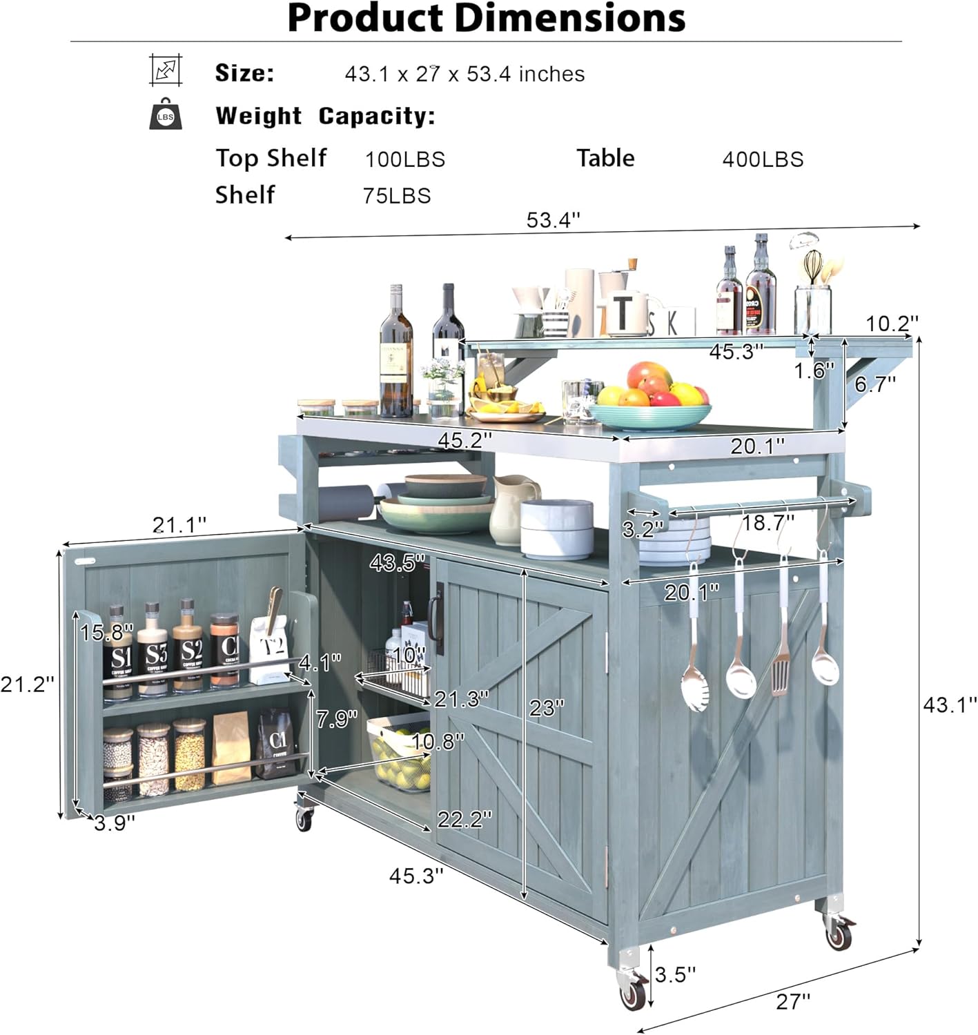 Outdoor Kitchen Island with Raised Shelf, Wood Outdoor Rolling Grill Cart with Internal Storage Rack, Adjustable Shelf, Spice Rack and Stainless Steel Top (Grey Blue)