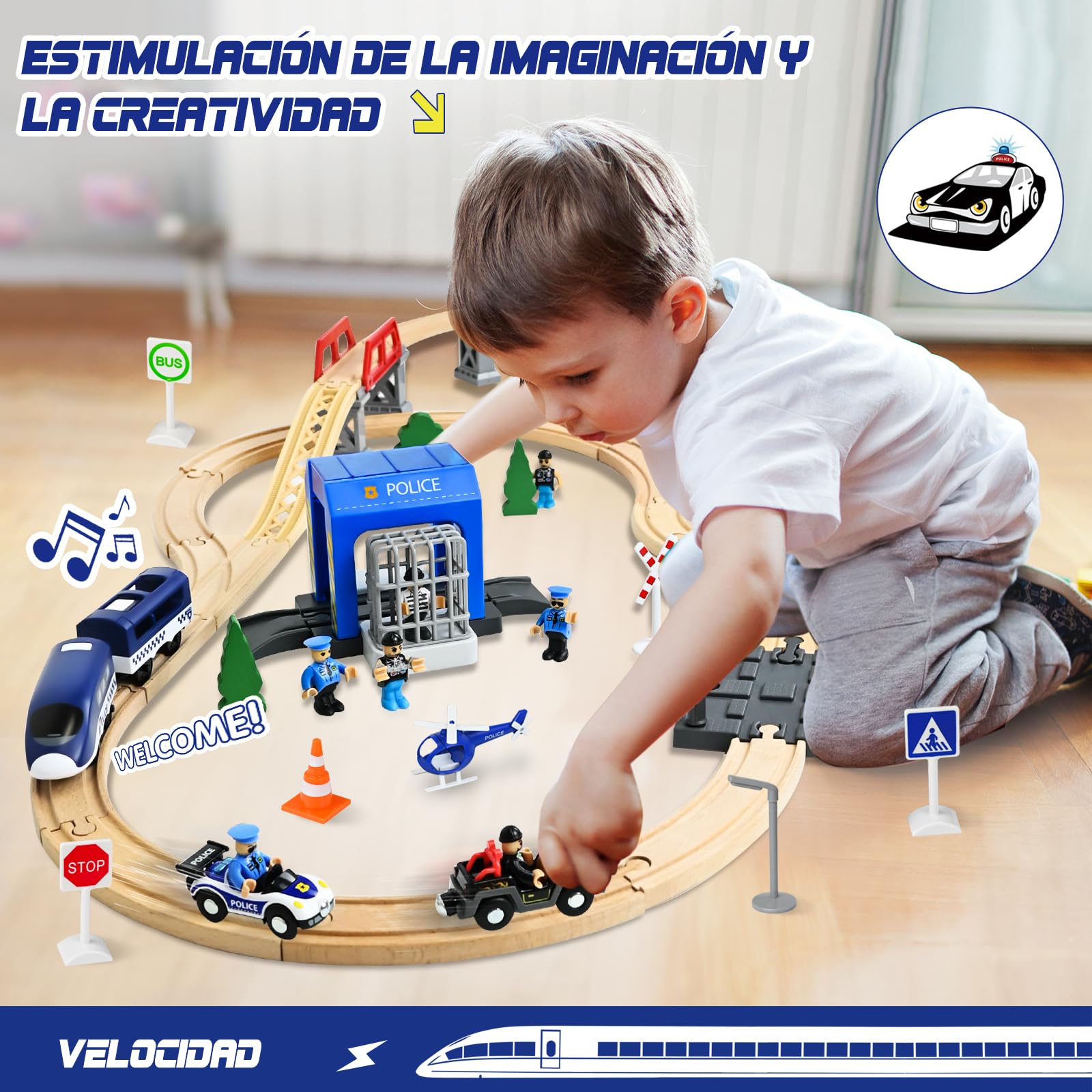 Ulikey Tren de Madera para Niños, 72 Piezas Juego de Tren de Madera con Tema de Policías y Ladrones, Kit de Ferrocarril de Juguete Regalo para Niños y Niñas