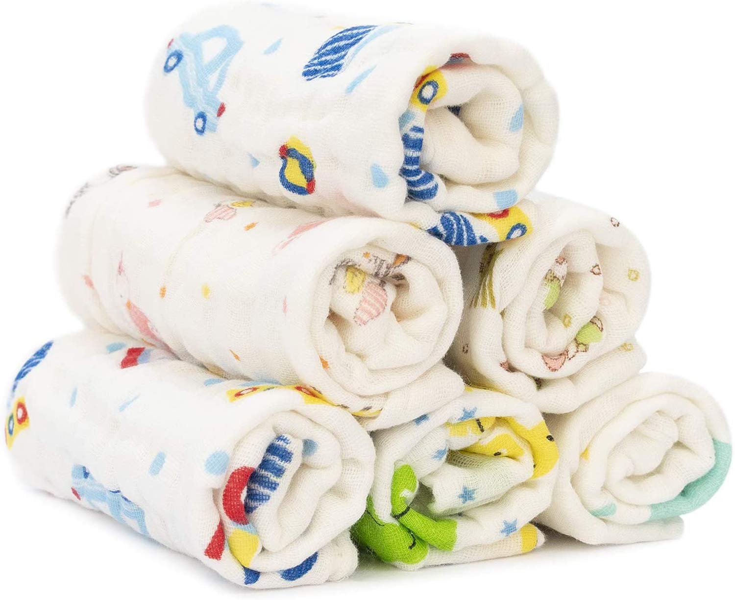 Znworld 6 PCS Newborn Muslin Washcloths, Cotton Squares Face Shower Bath Towel, Soft Wiping Bathing Feeding Towel for Baby Gift (Random Pattern)