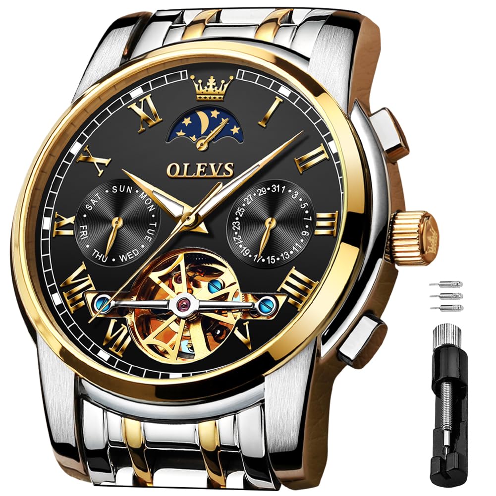 OLEVS Men's Automatic Mechanical Watches Luxury Dress Waterproof Self Winding Moon Phase Chronograph Stainless Steel Luminous Date Tourbillon Wristwatch for Men