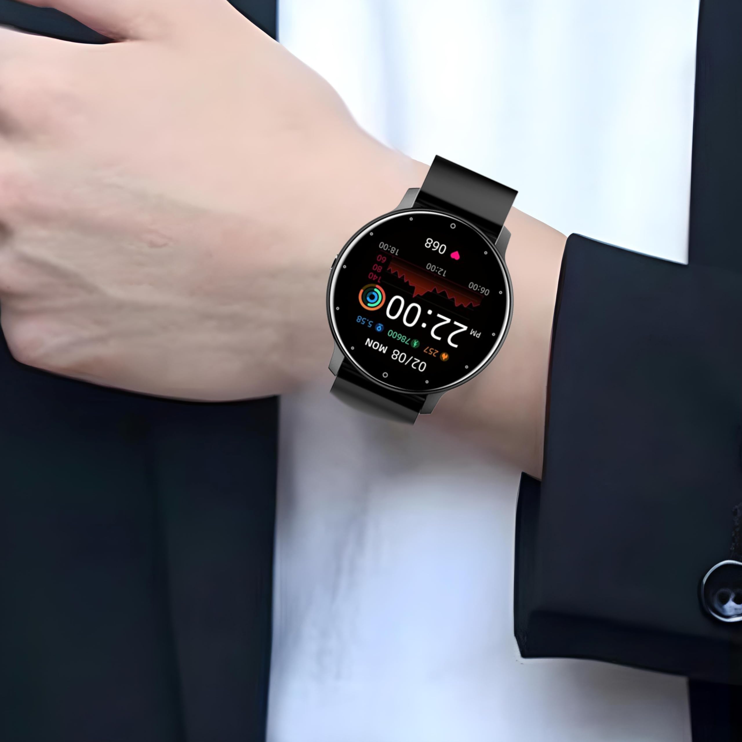 Retoo Smartwatch, inteligentny zegarek 45mm, zegarek na rękę z ekranem dotykowym, pasek sportowy, bransoletka fitness, zegarek czarny 5 tarcz, prezent dla mężczyzn i kobiet, czarny, stal srebrna