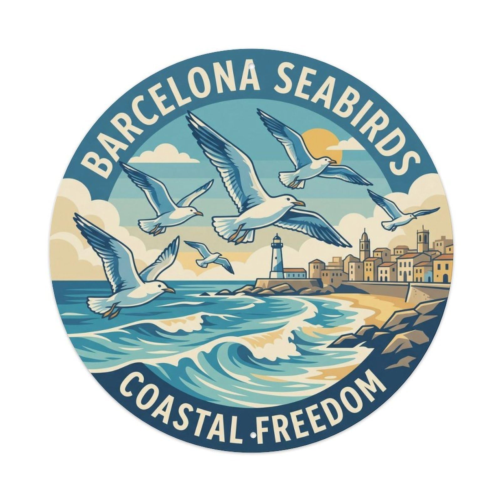 Vintage Travel Barcelona Seagull Mediterranean Journey Metal Tin Sign Plaque Wall Decor for Cafe, Club, Garden Round Metal Poster 8x8Inch